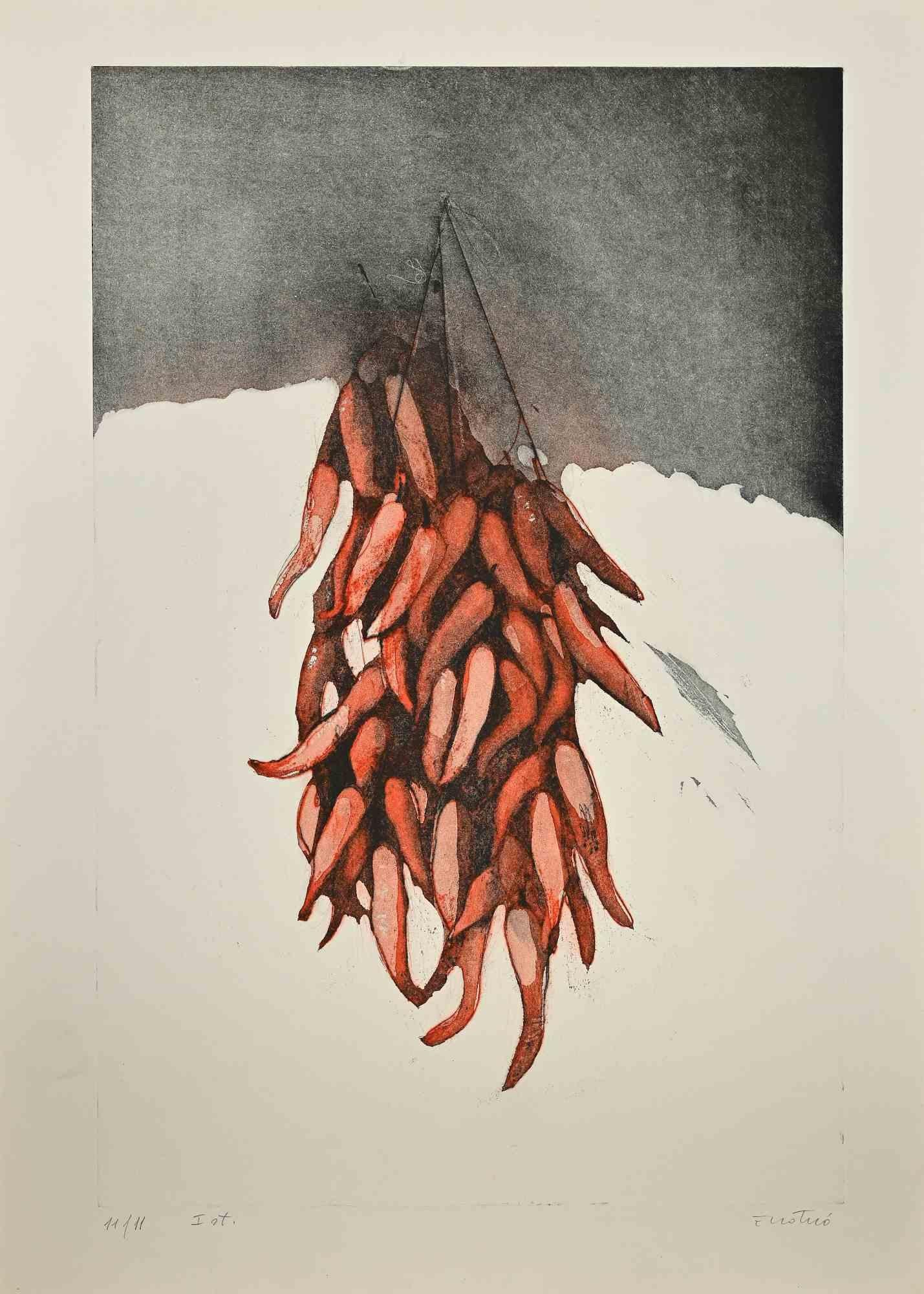Stillleben mit roter Paprika ist eine Radierung von Enotrio Pugliese aus den 1960er Jahren.

Handsigniert vom Künstler auf der Unterseite.

Nummerierte, limitierte Auflage von 11/11 Exemplaren.

Gute Bedingungen.

Enotrio Pugliese (11. Mai 1920 -