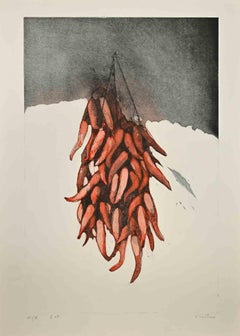 Nature morte avec poivrières rouges - Gravure d'Enotrio Pugliese - années 1960