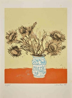 Stillleben mit Blumenvase – Radierung von Enotrio Pugliese – 1969