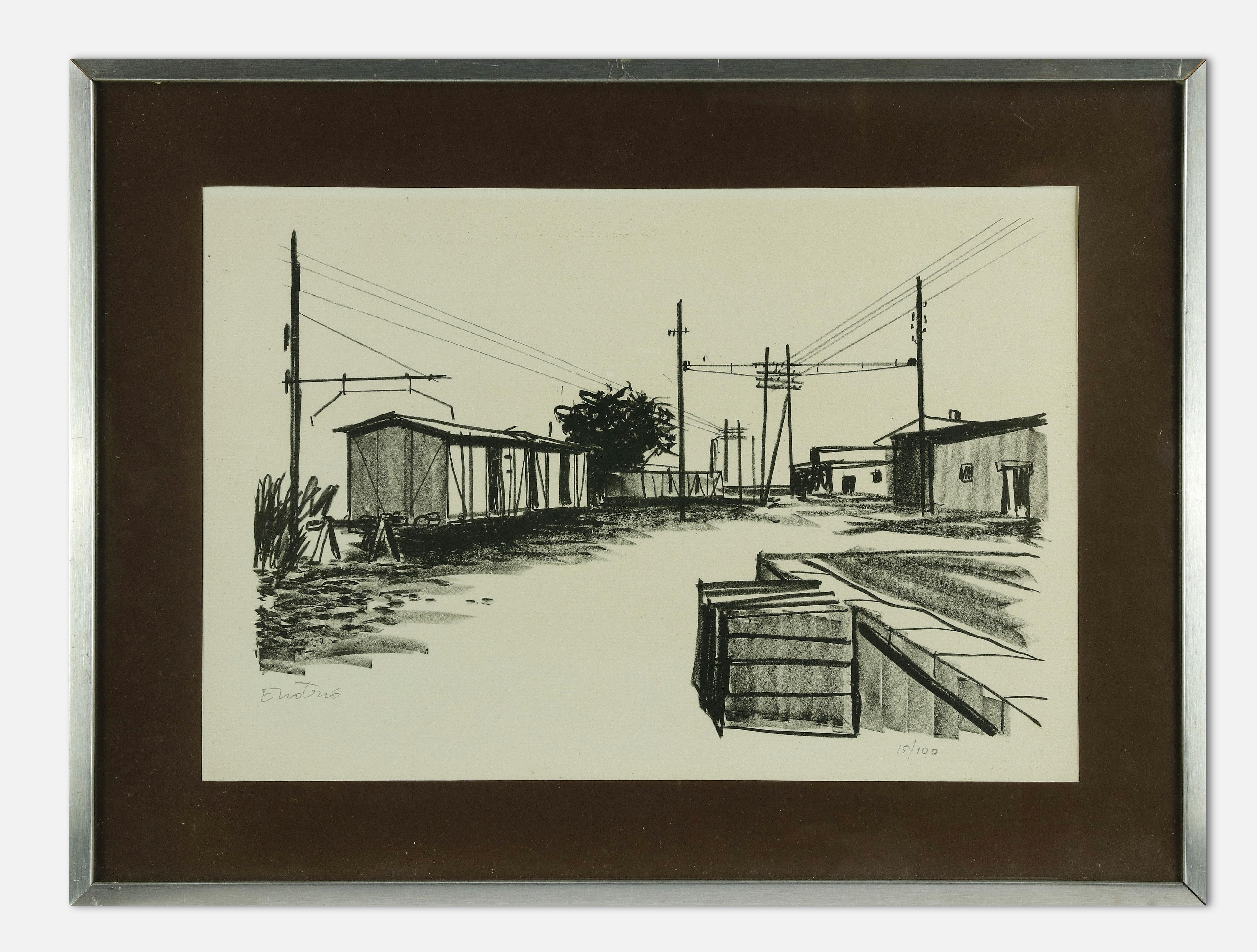 Urban landscape is an original modern artwork realized by Enotrio Pugliese in the mid-20th Century.

Black and white lithograph.

Hand signed and numbered on the lower margin.

Edition of 15/100

Includes frame: 63 x 2.5 x 47 cm