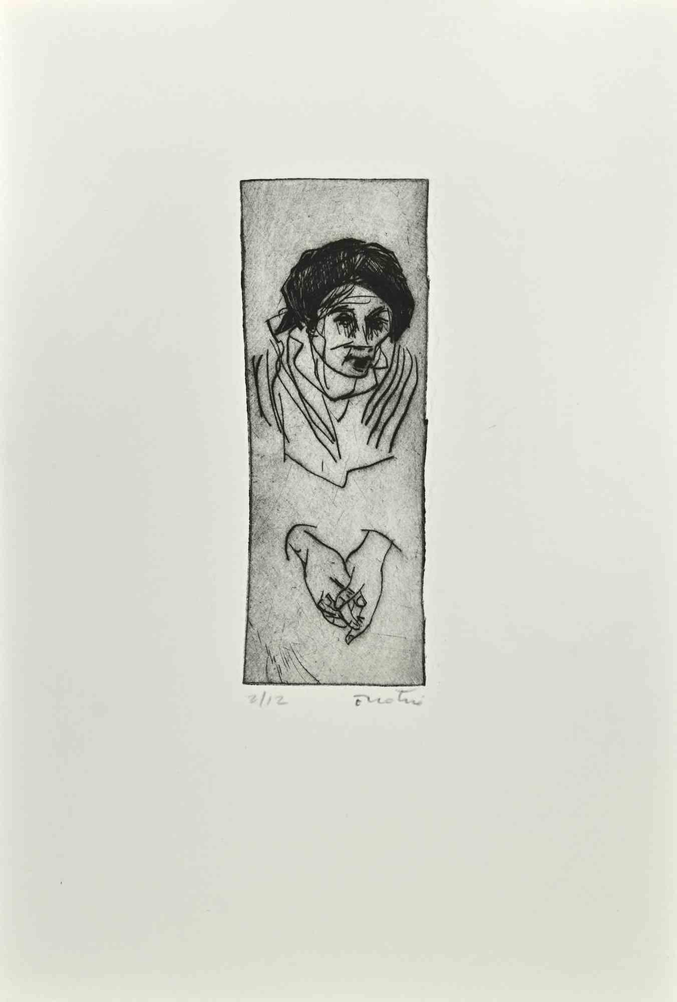 Woman in Prayer is an Etching realized by Enotrio Pugliese in 1963.

Limited edition of 12 copies numbered and signed by the artist.

Good condition on a white cardboard.

Enotrio Pugliese (May 11, 1920 - August 1989) was an Italian painter. Born in
