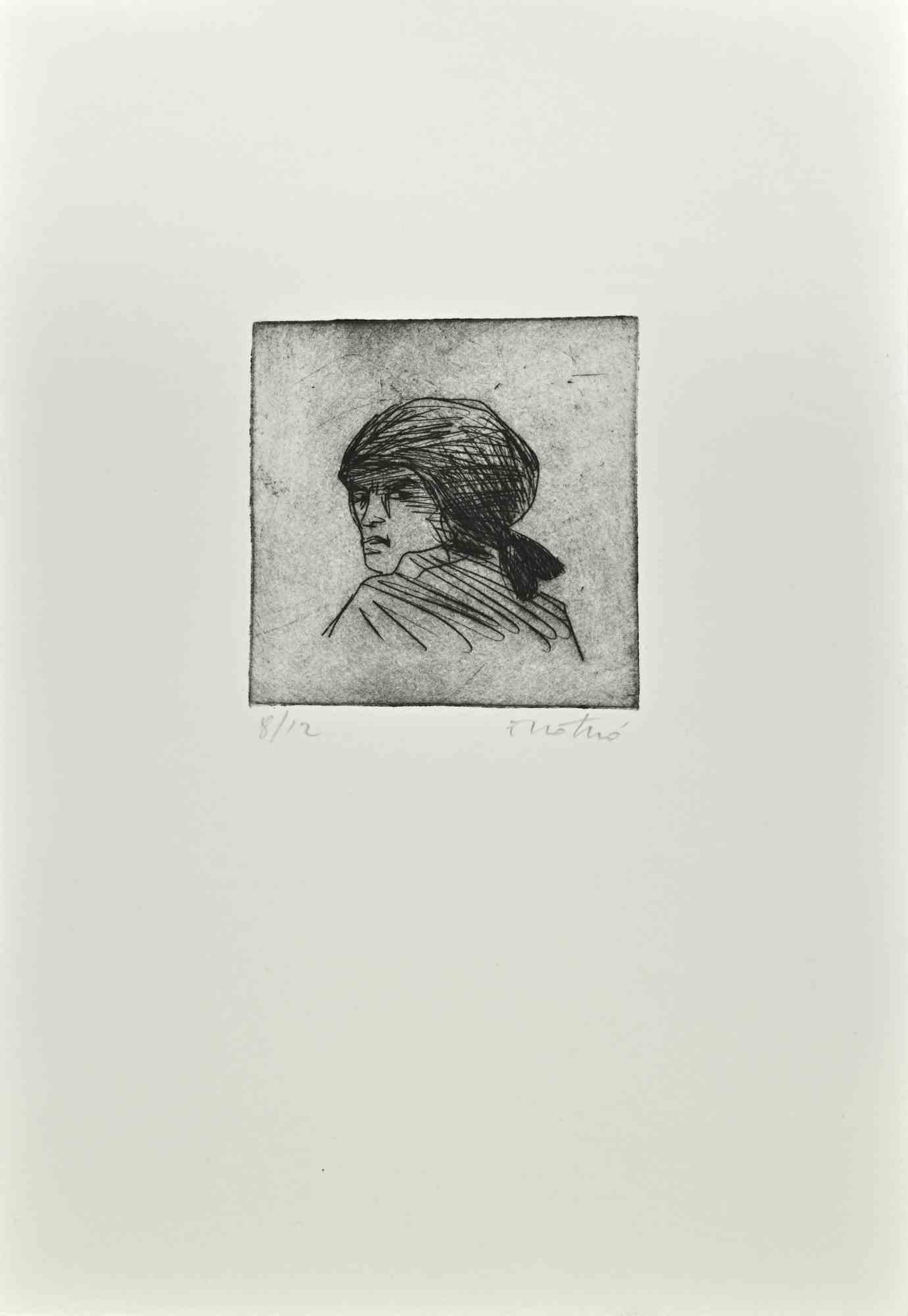 Woman of Calabria is an Etching realized by Enotrio Pugliese in 1963.

Limited edition of 12 copies numbered and signed by the artist.

Good condition on a white cardboard.

Enotrio Pugliese (May 11, 1920 - August 1989) was an Italian painter. Born