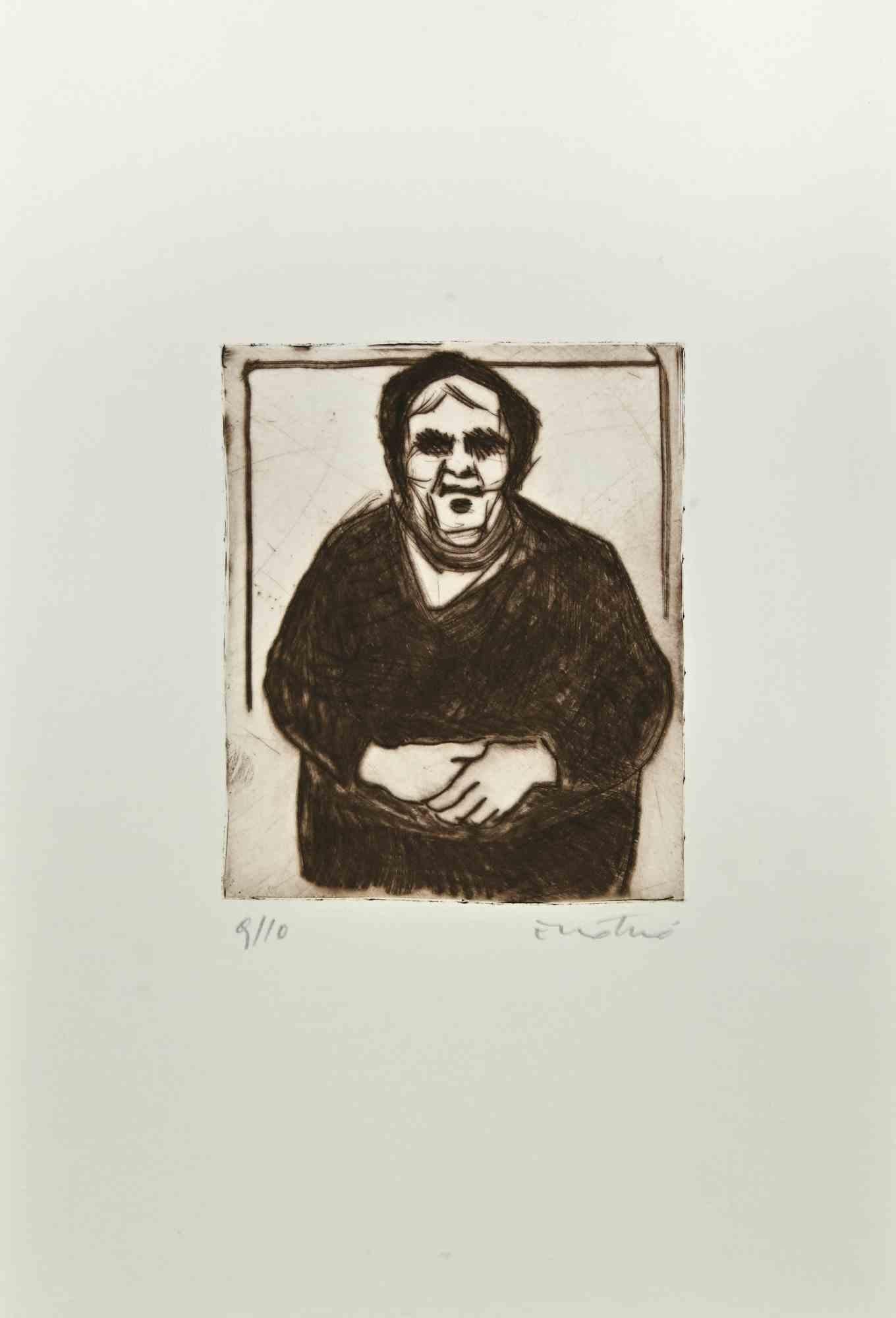 Woman of Calabria is an Etching realized by Enotrio Pugliese in 1963.

Limited edition of 10 copies numbered and signed by the artist.

Good condition on a white cardboard.

Enotrio Pugliese (May 11, 1920 - August 1989) was an Italian painter. Born