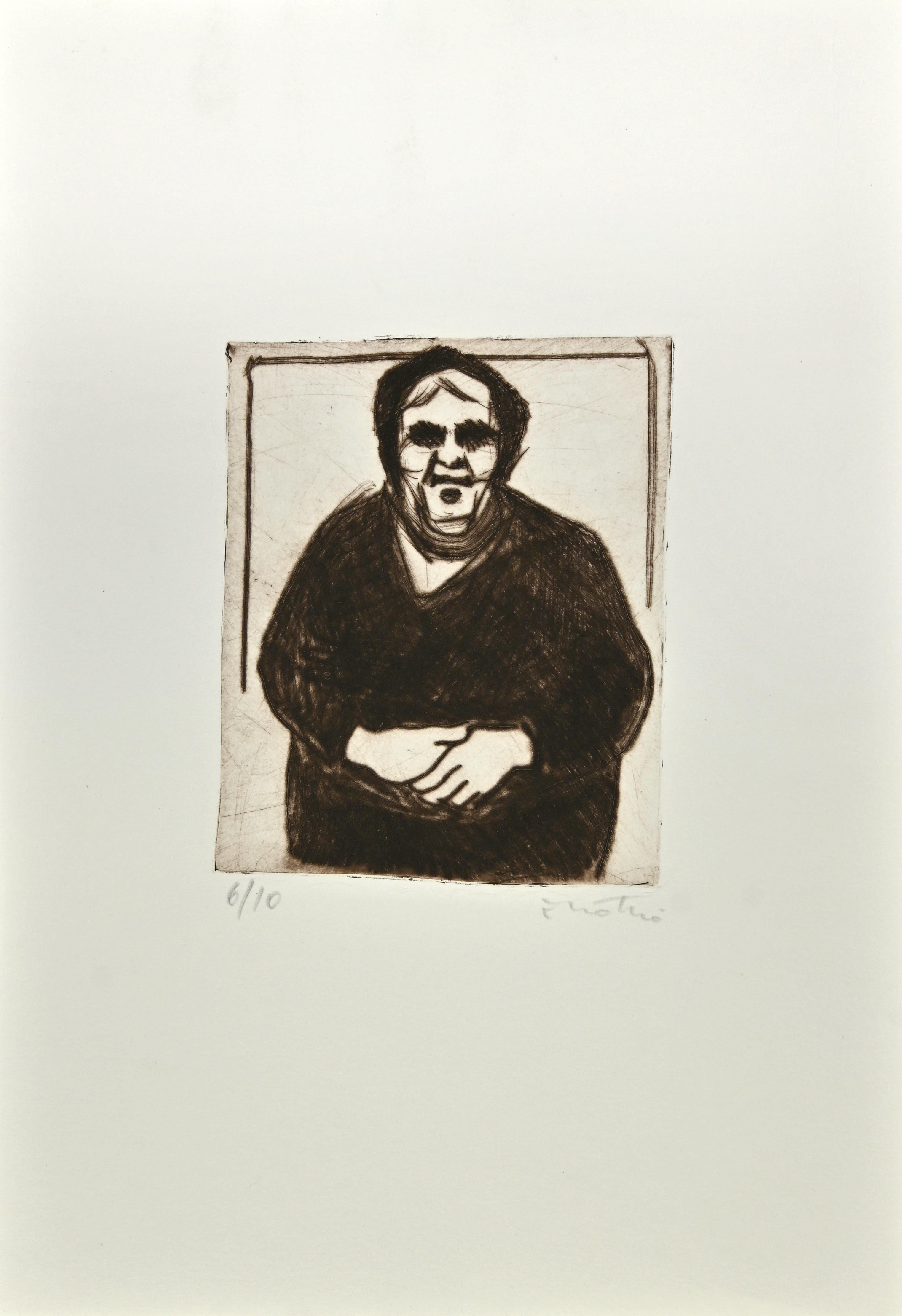 Woman of Calabria - Etching  by Enotrio Pugliese - 1963