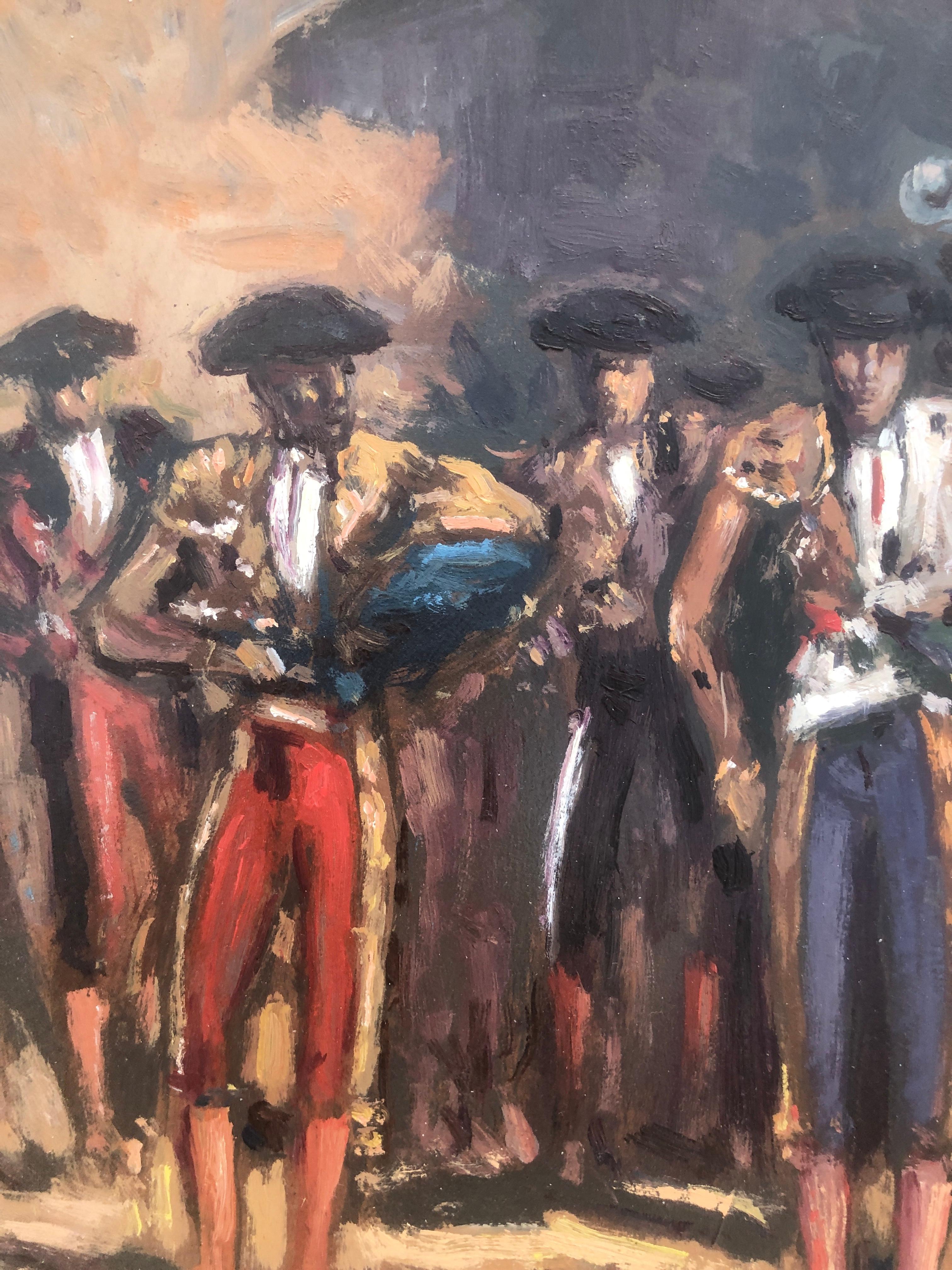 gang of bullfighters Spain oil on board painting - Post-Impressionist Painting by Enric Beltrán Messa