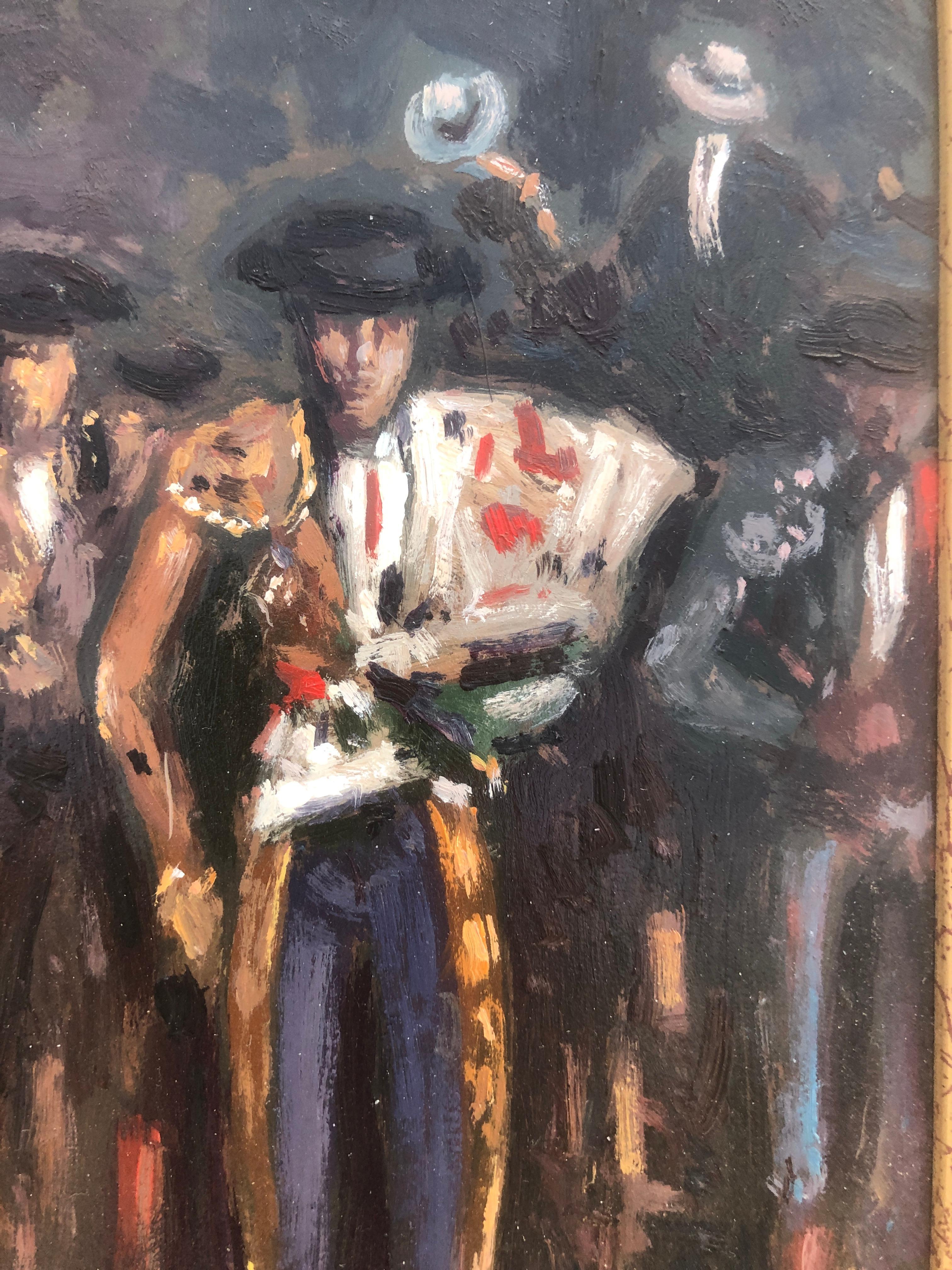 gang of bullfighters Spain oil on board painting - Black Figurative Painting by Enric Beltrán Messa