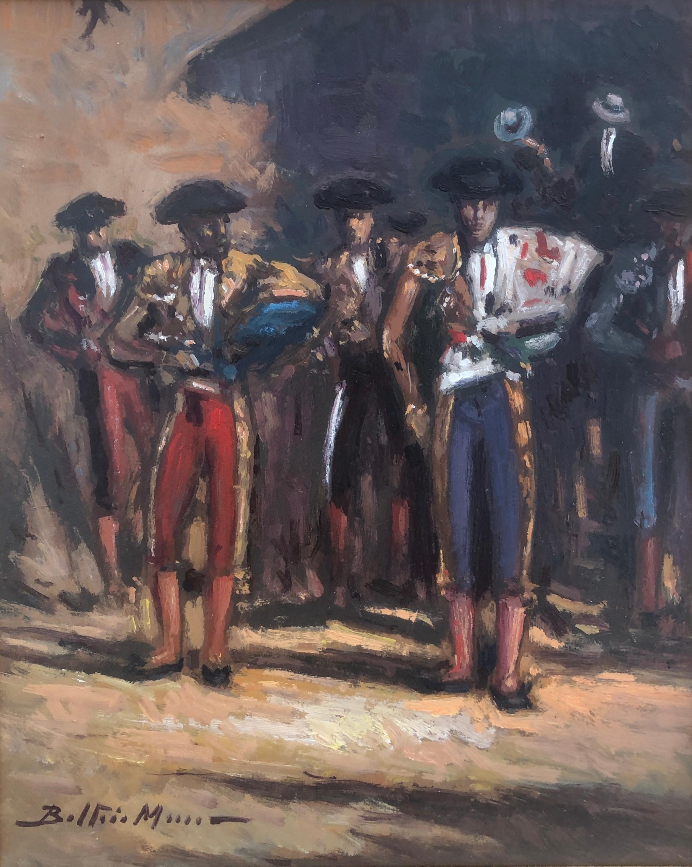 Enric Beltrán Messa Figurative Painting – Bande von Stierkämpfern Spanien Öl auf Karton Gemälde