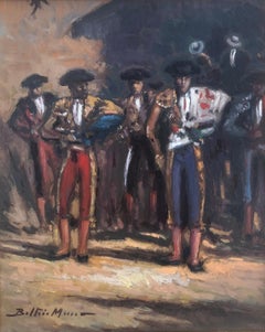 Retro gang of bullfighters Spain oil on board painting