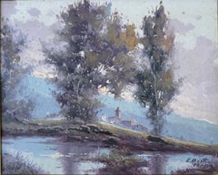 Landscape with Lake and Bell Tower oil on canvas painting spanish landscape