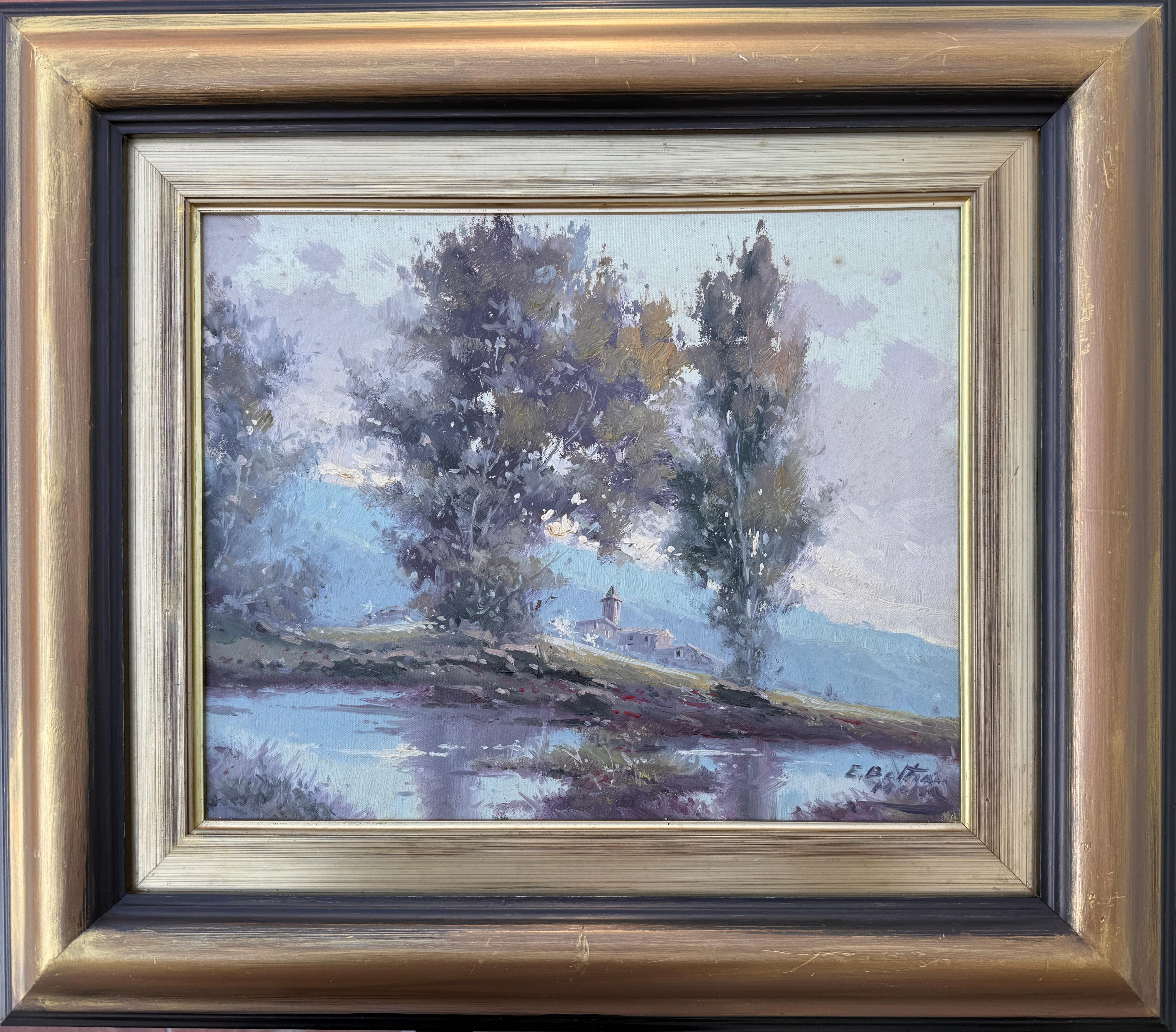 Landschaft mit See und Glockenturm Öl auf Leinwand Gemälde spanische Landschaft