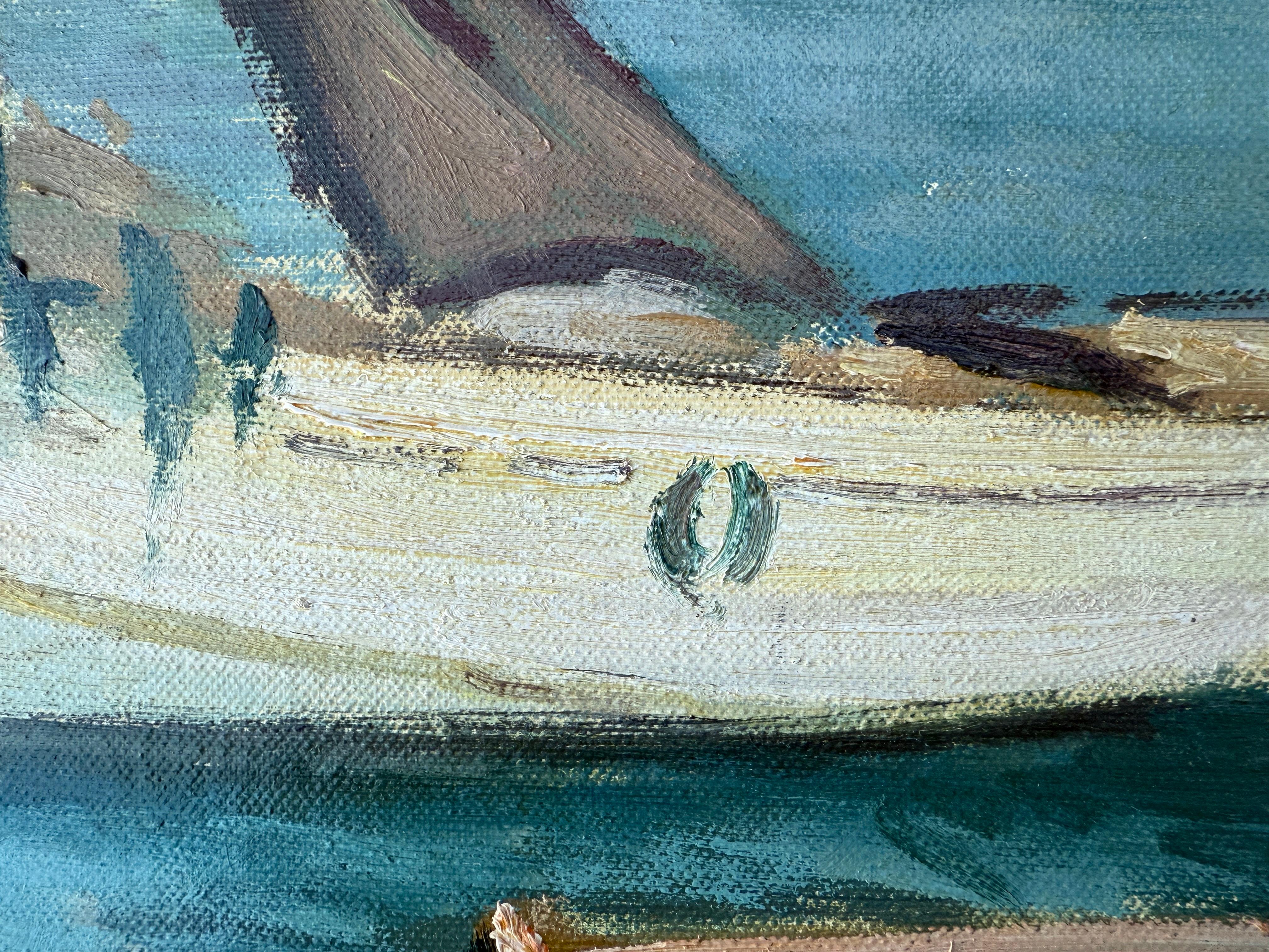 Barcos descansando óleo sobre lienzo paisaje marino mediterráneo español - Figurative Painting Gris de Enric Beltrán Messa