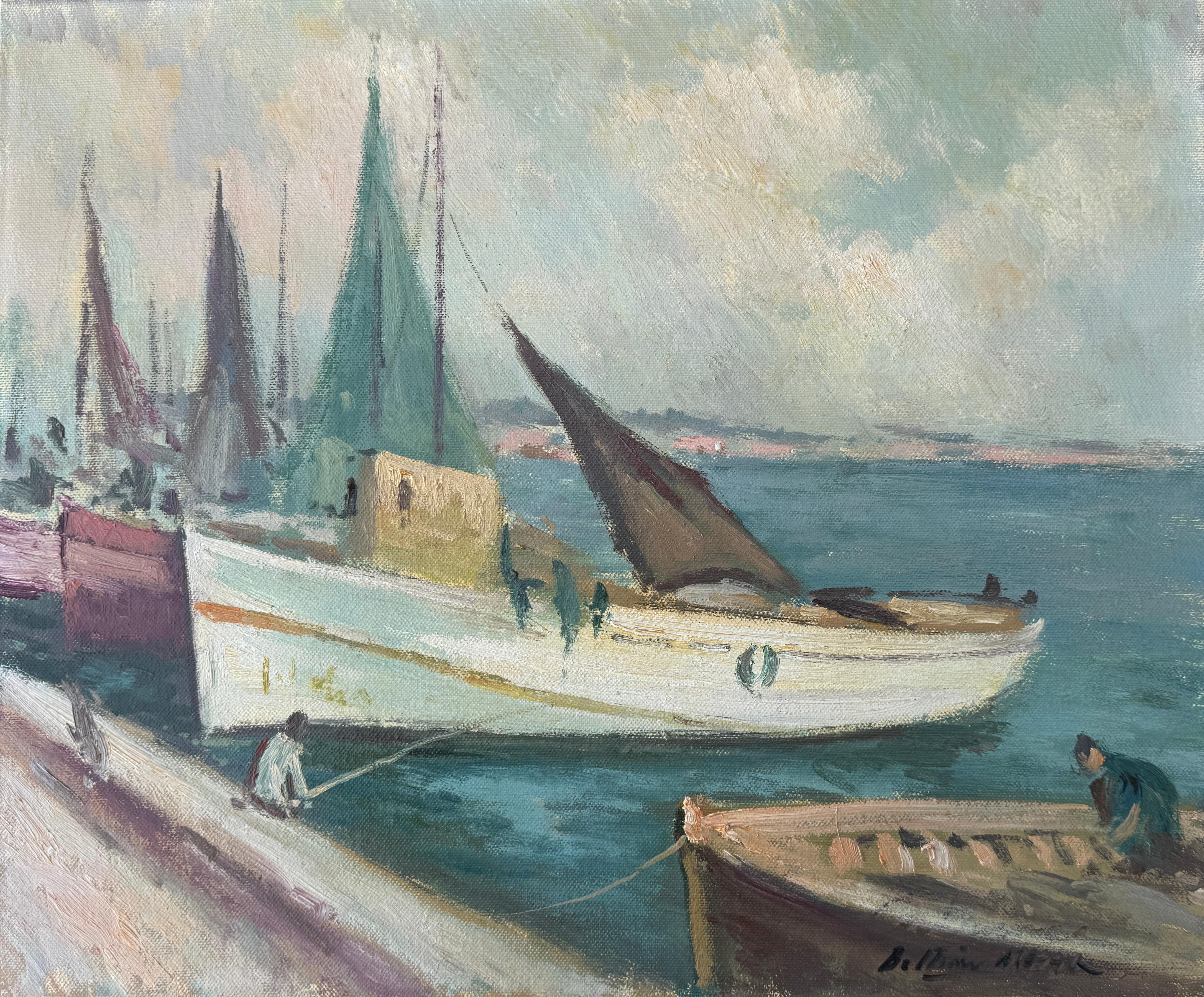 Figurative Painting de Enric Beltrán Messa - Barcos descansando óleo sobre lienzo paisaje marino mediterráneo español