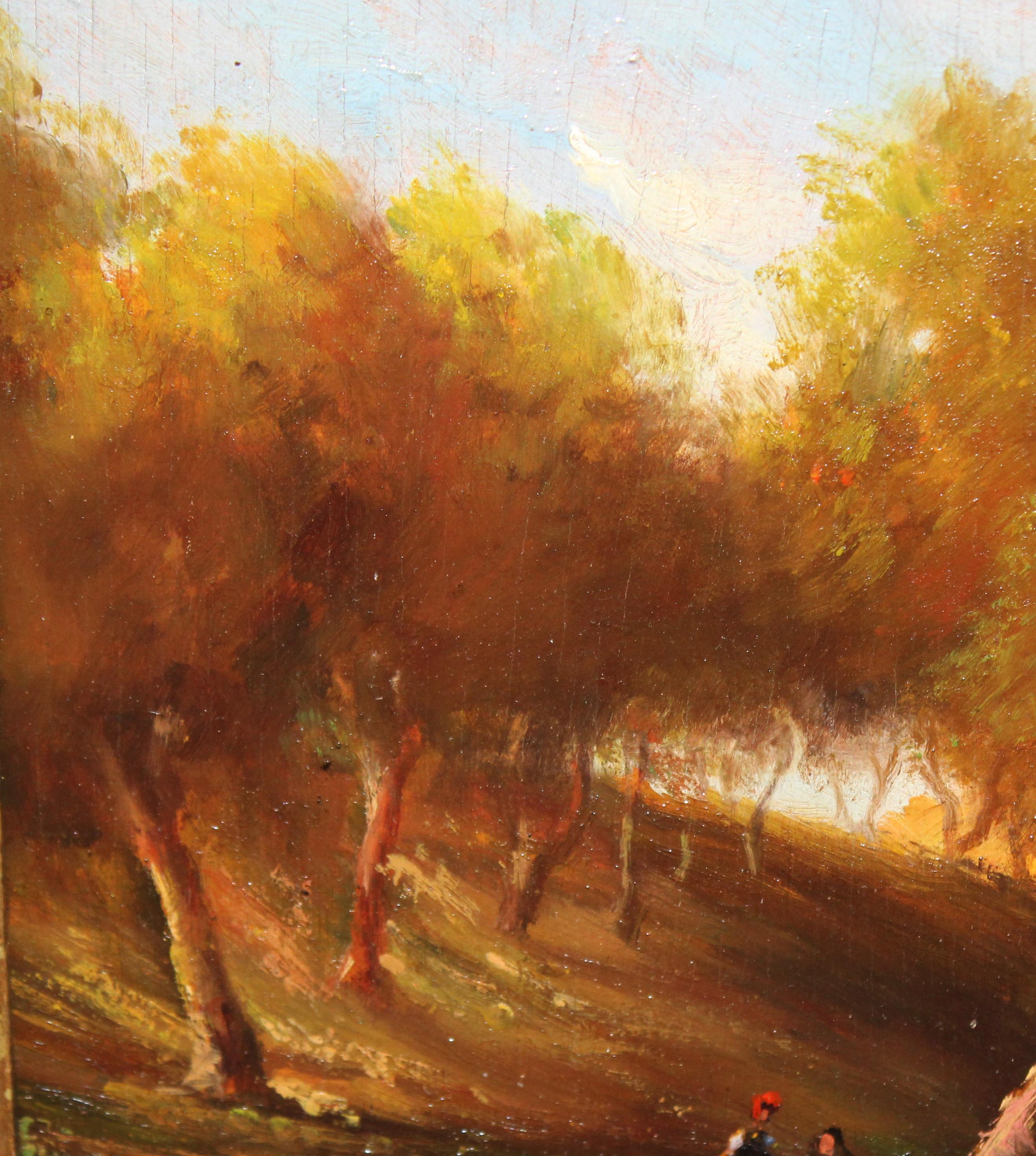 Óleo sobre tabla - Sendero bajo la luz otoñal - Marron Landscape Painting par Enric Ferau Alsina