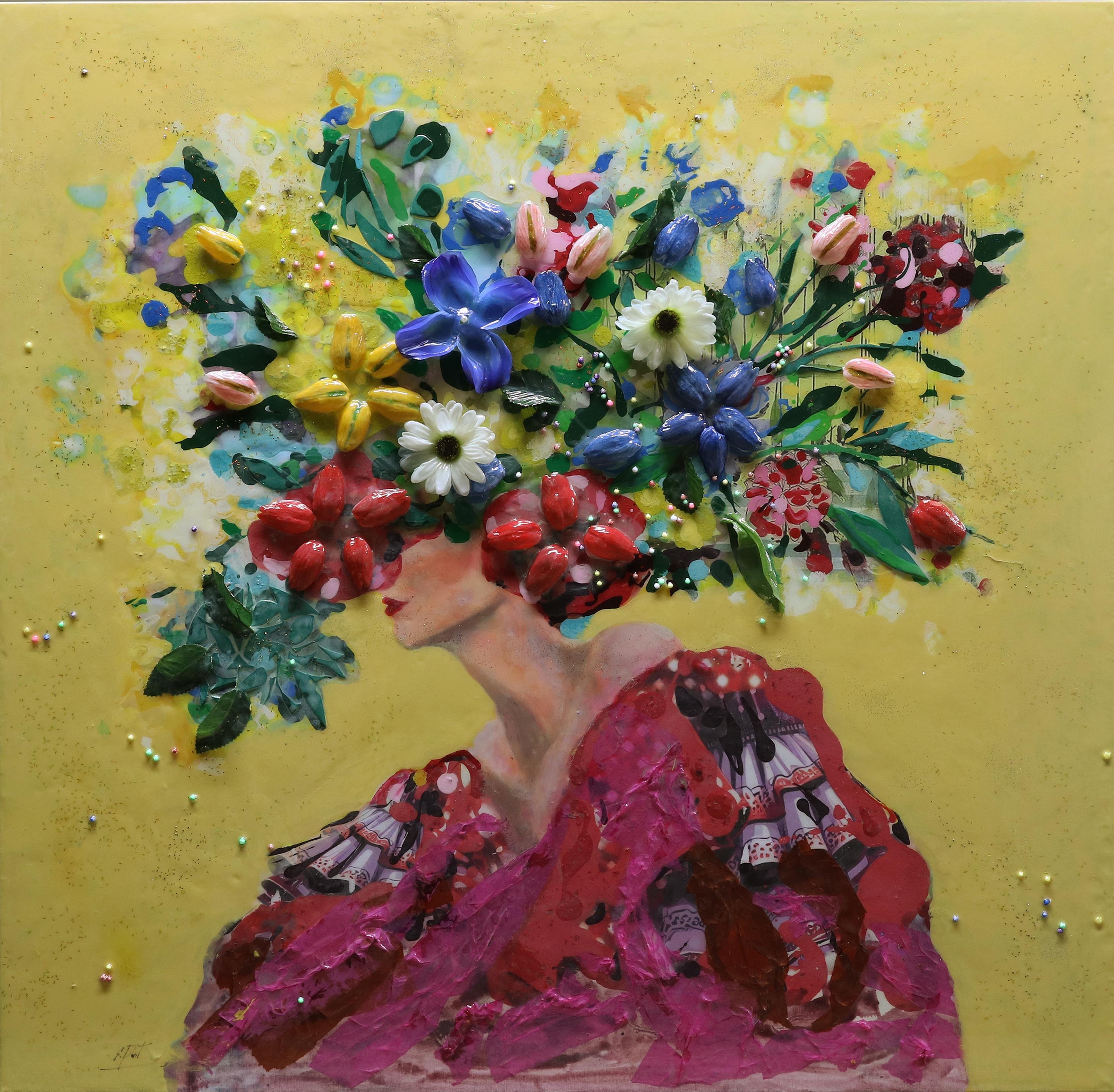Flower Power: Mixed Media on Canvas with Resin, Contemporary Figurative