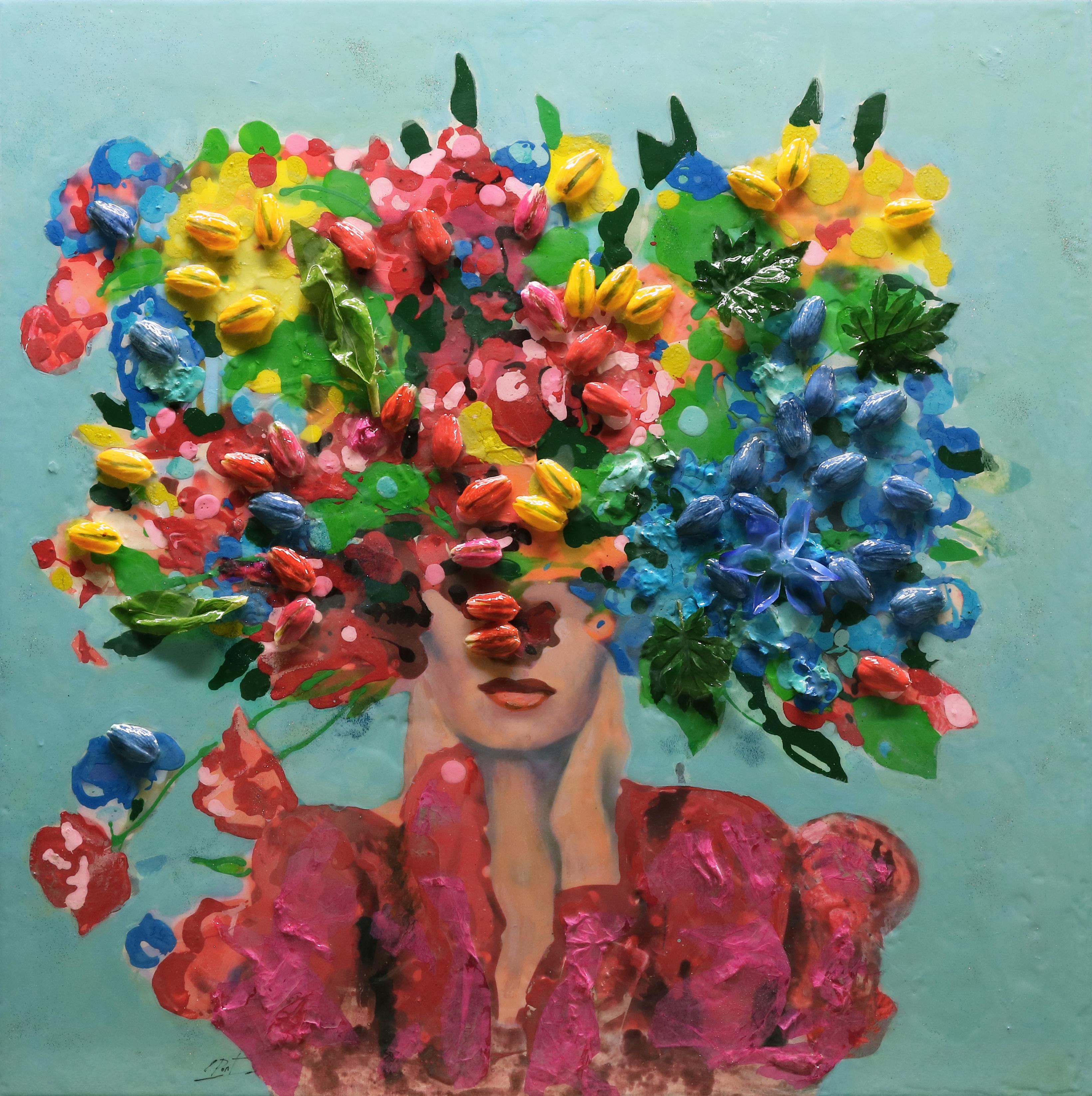 Enric Pont Portrait Painting – Halt inne und genieße den Duft der Rosen: Mischtechnik auf Leinwand, zeitgenössische figurative Kunst