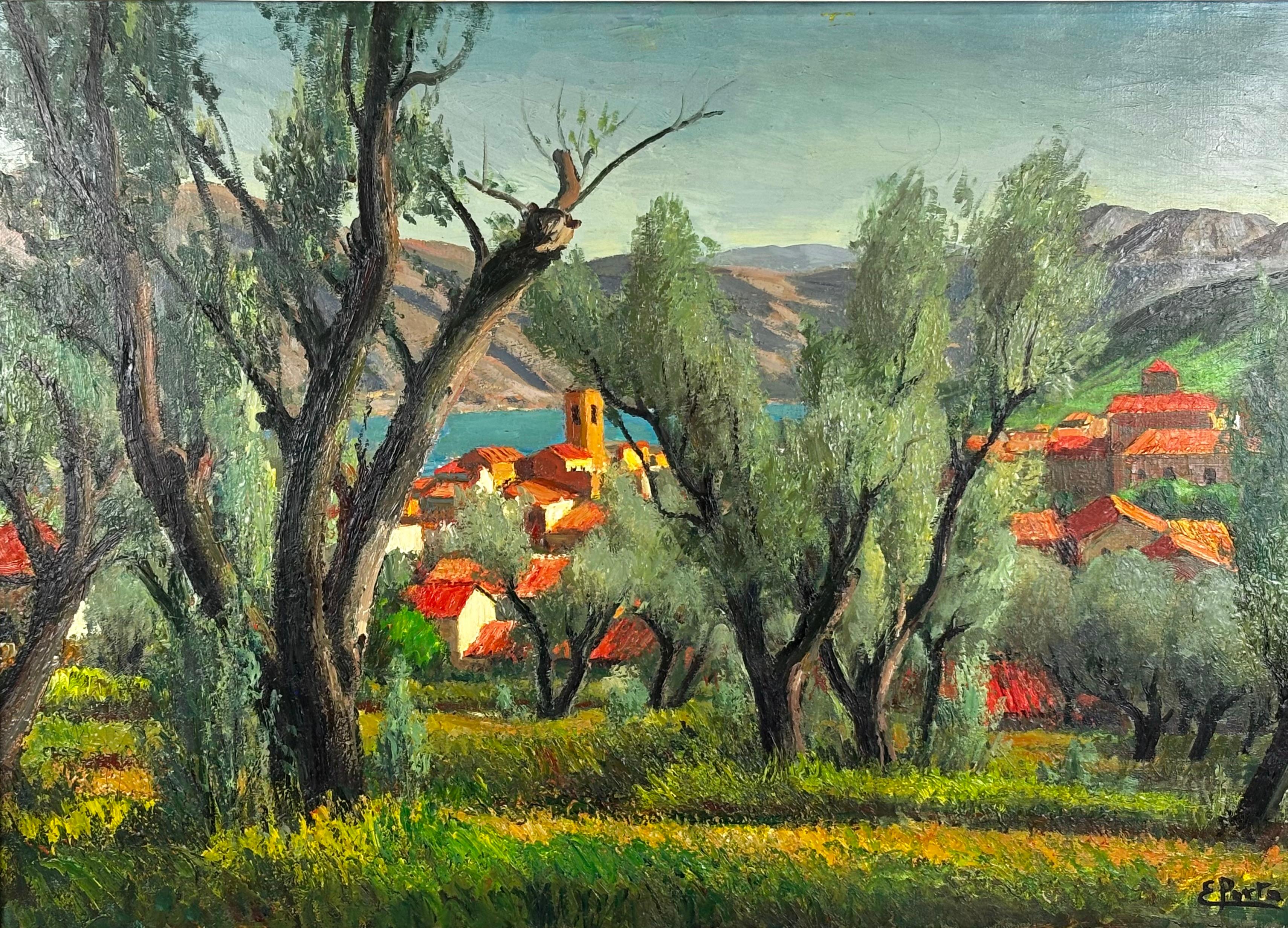Vibrant oil on canvas by Catalan painter Enric Porta Mestre (1898–1993), depicting a colorful view of his hometown, La Pobla de Segur, nestled in the Mediterranean landscape. This richly detailed composition showcases olive trees, terracotta