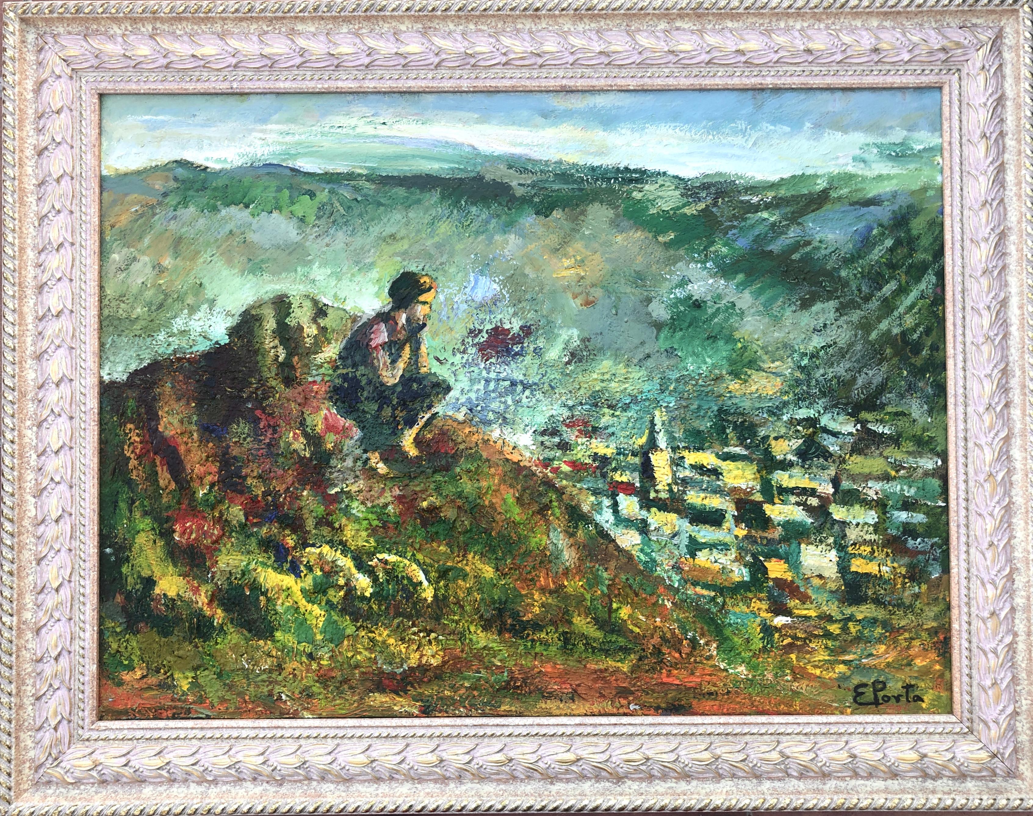 Berger dans les Pyrénées Espagne huile sur toile peinture paysage espagnol Europe - Painting de Enric Porta Mestre