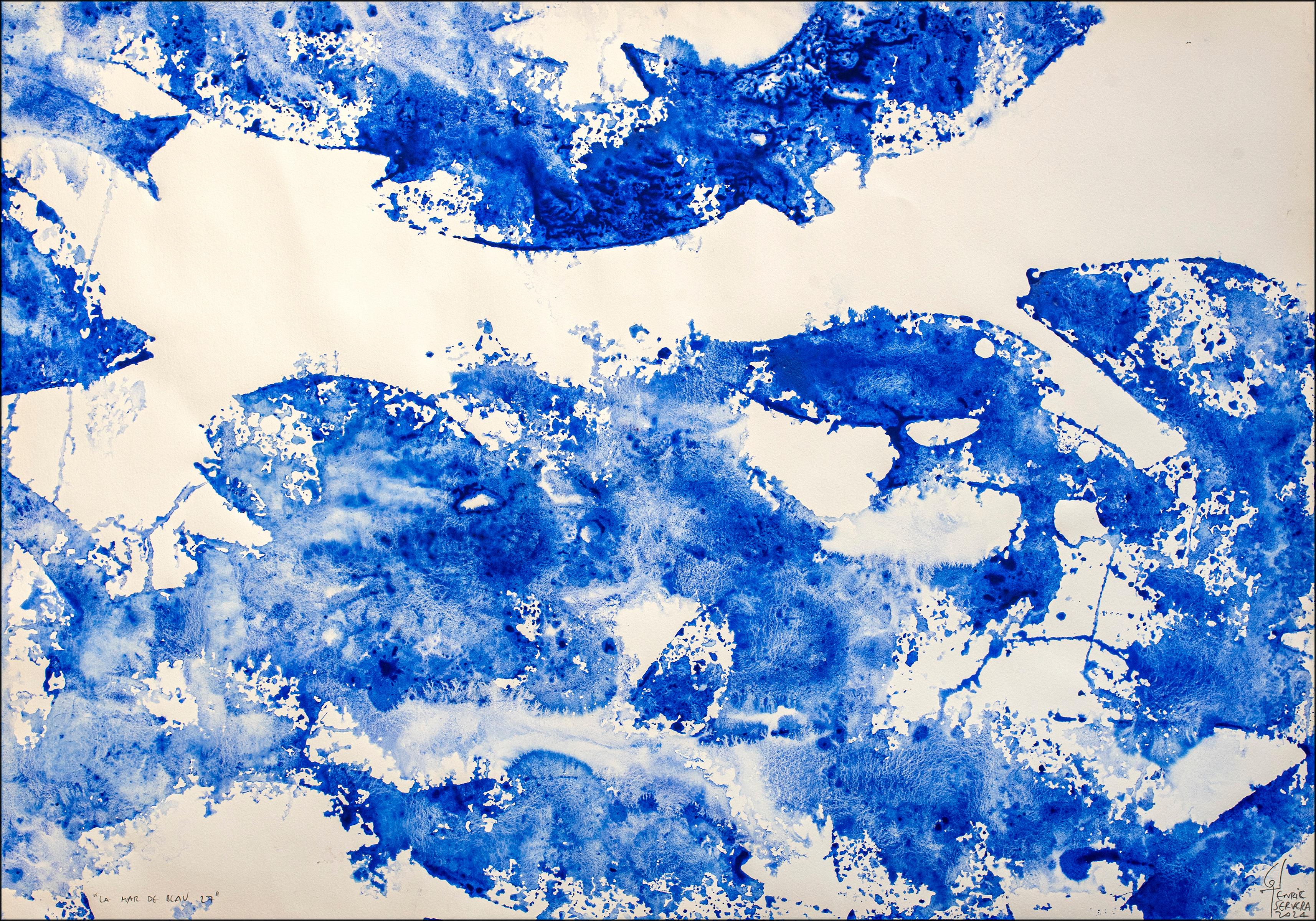 Dittico astratto di forme di pesce, blu e bianco, paesaggio marino mediterraneo, tecnica mista - Abstract Painting Blu di Enric Servera