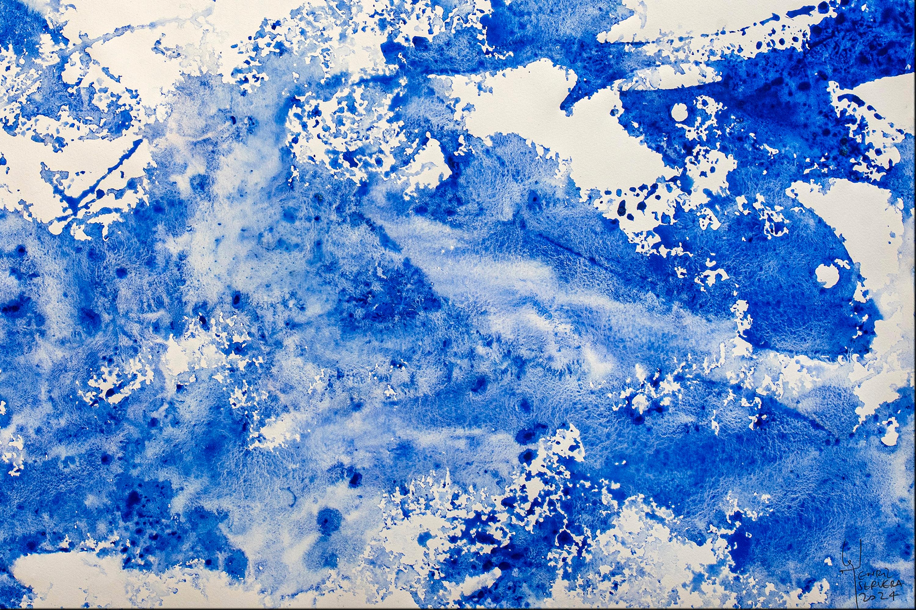 Dittico astratto di forme di pesce, blu e bianco, paesaggio marino mediterraneo, tecnica mista 3