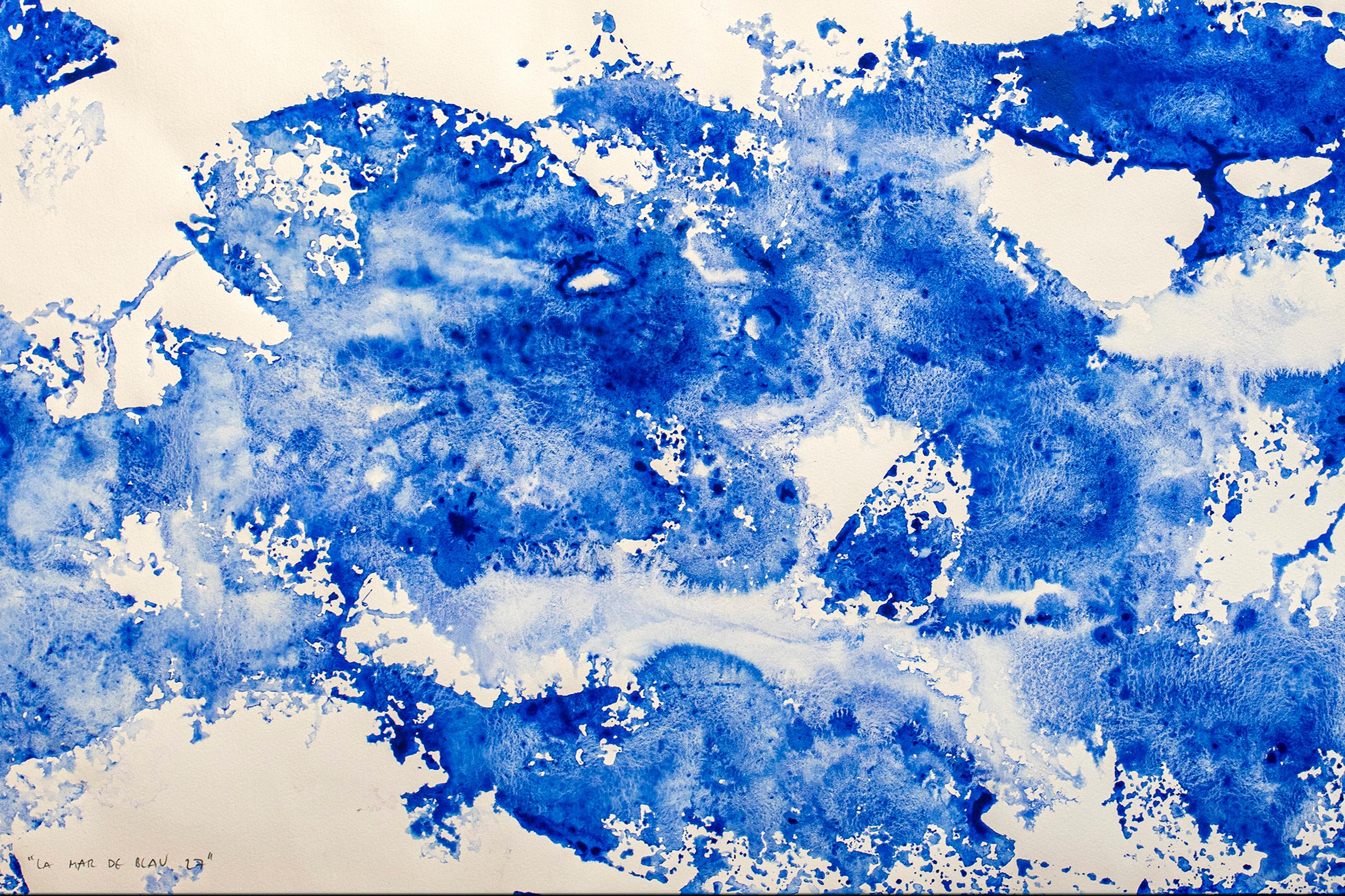 Dittico astratto di forme di pesce, blu e bianco, paesaggio marino mediterraneo, tecnica mista 4