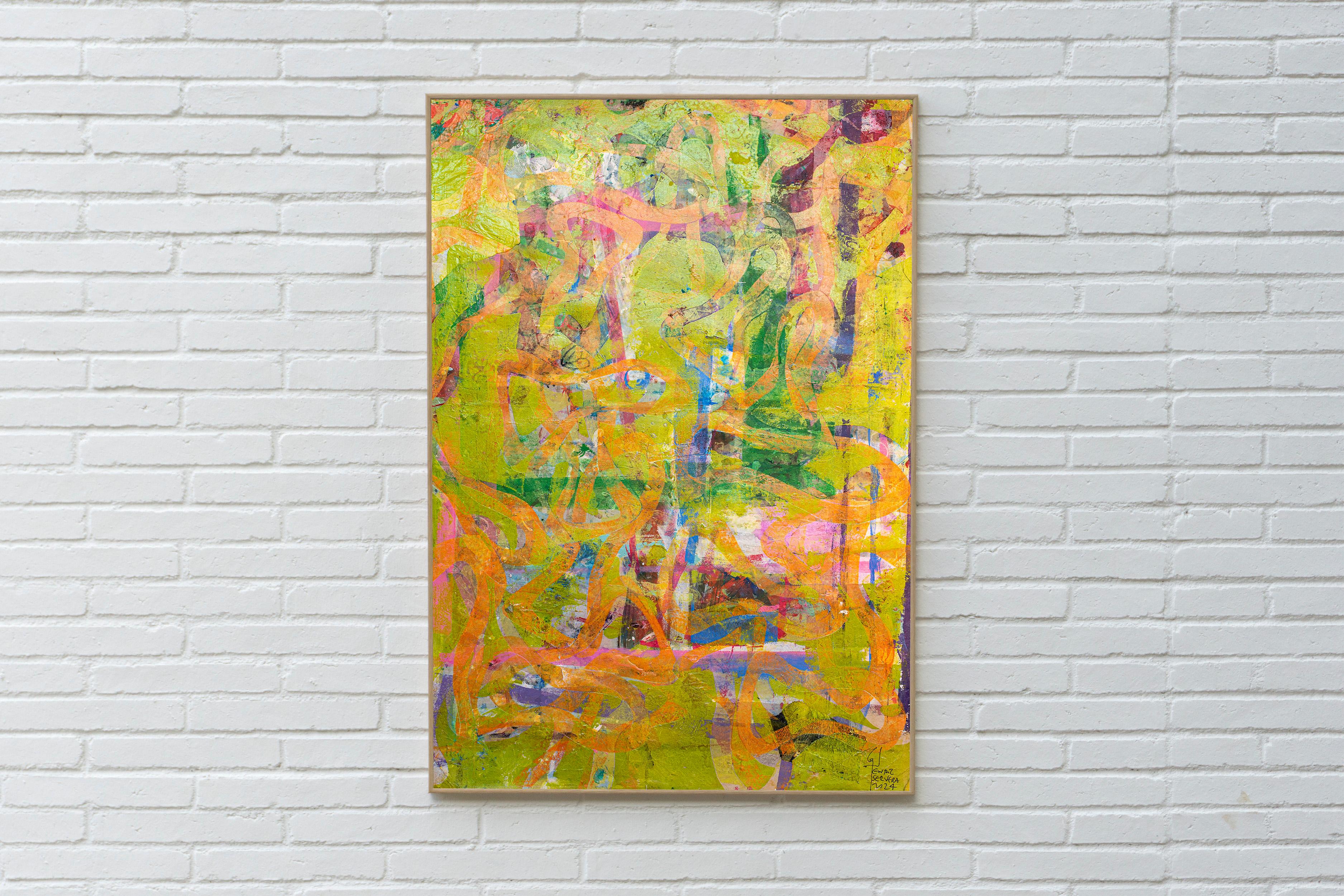 Abstract Green Sea, Abstract Expressionist Painting, Fish Shapes in Pink, Paper - Brown Landscape Painting by Enric Servera