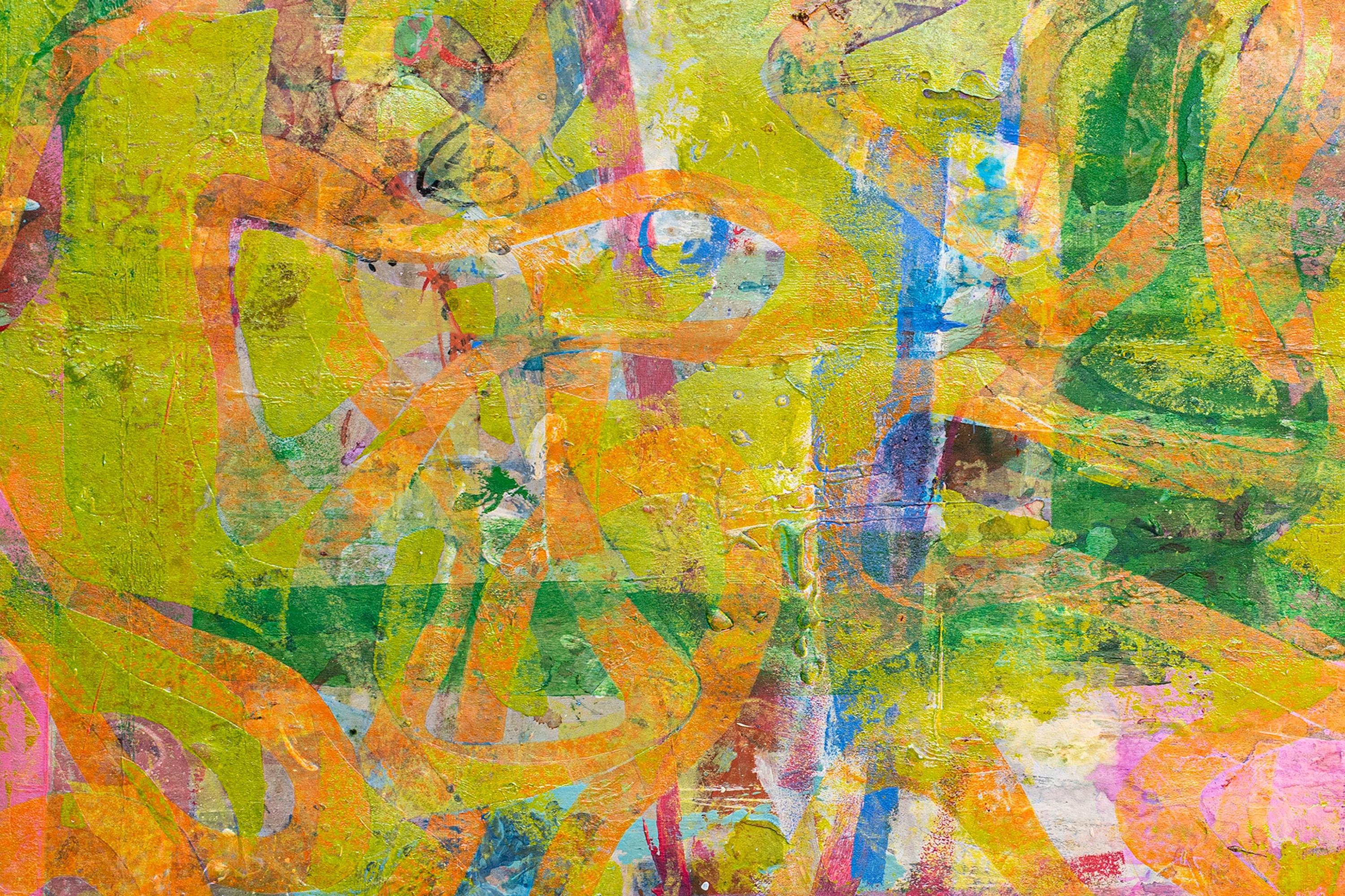 Abstract Green Sea, Abstract Expressionist Painting, Fish Shapes in Pink, Paper 1