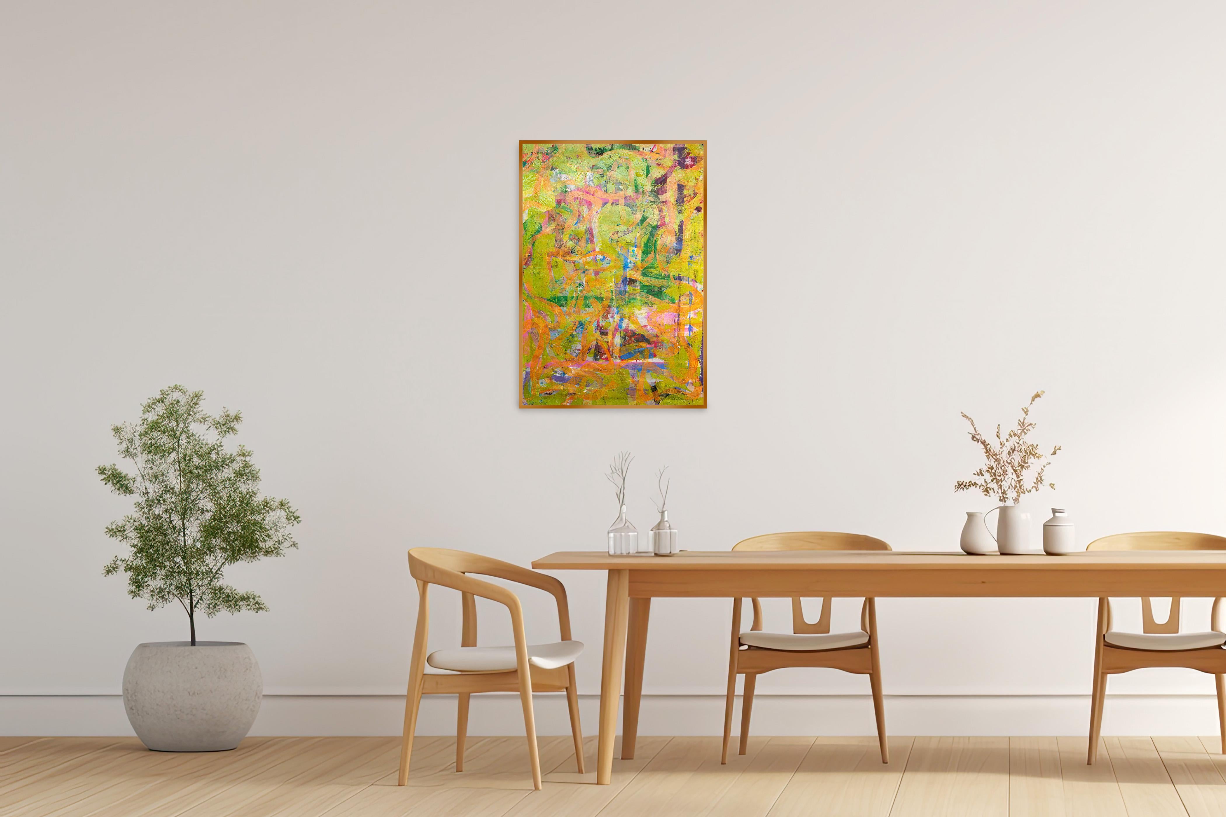Abstract Green Sea, Abstract Expressionist Painting, Fish Shapes in Pink, Paper 2