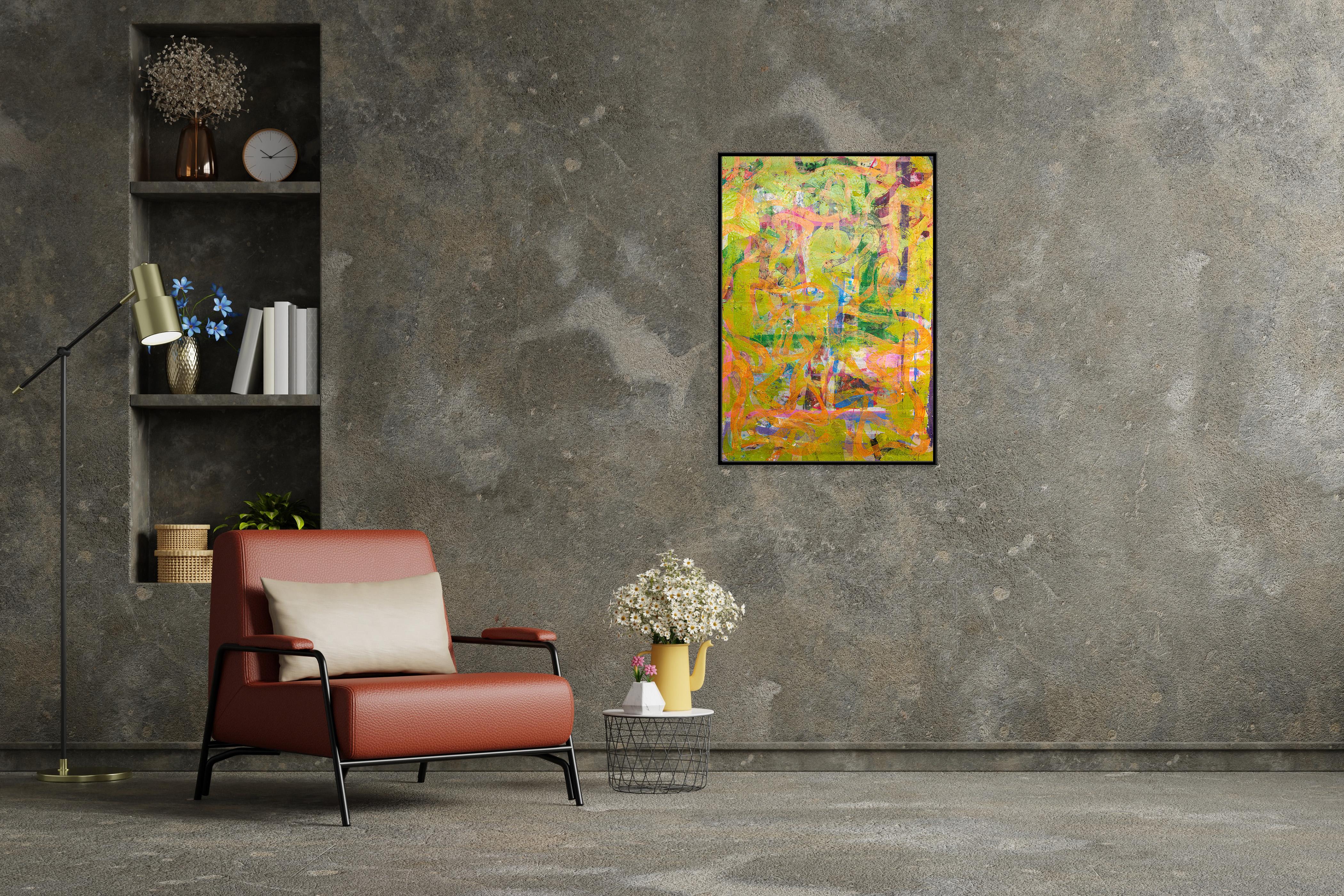 Abstract Green Sea, Abstract Expressionist Painting, Fish Shapes in Pink, Paper 3