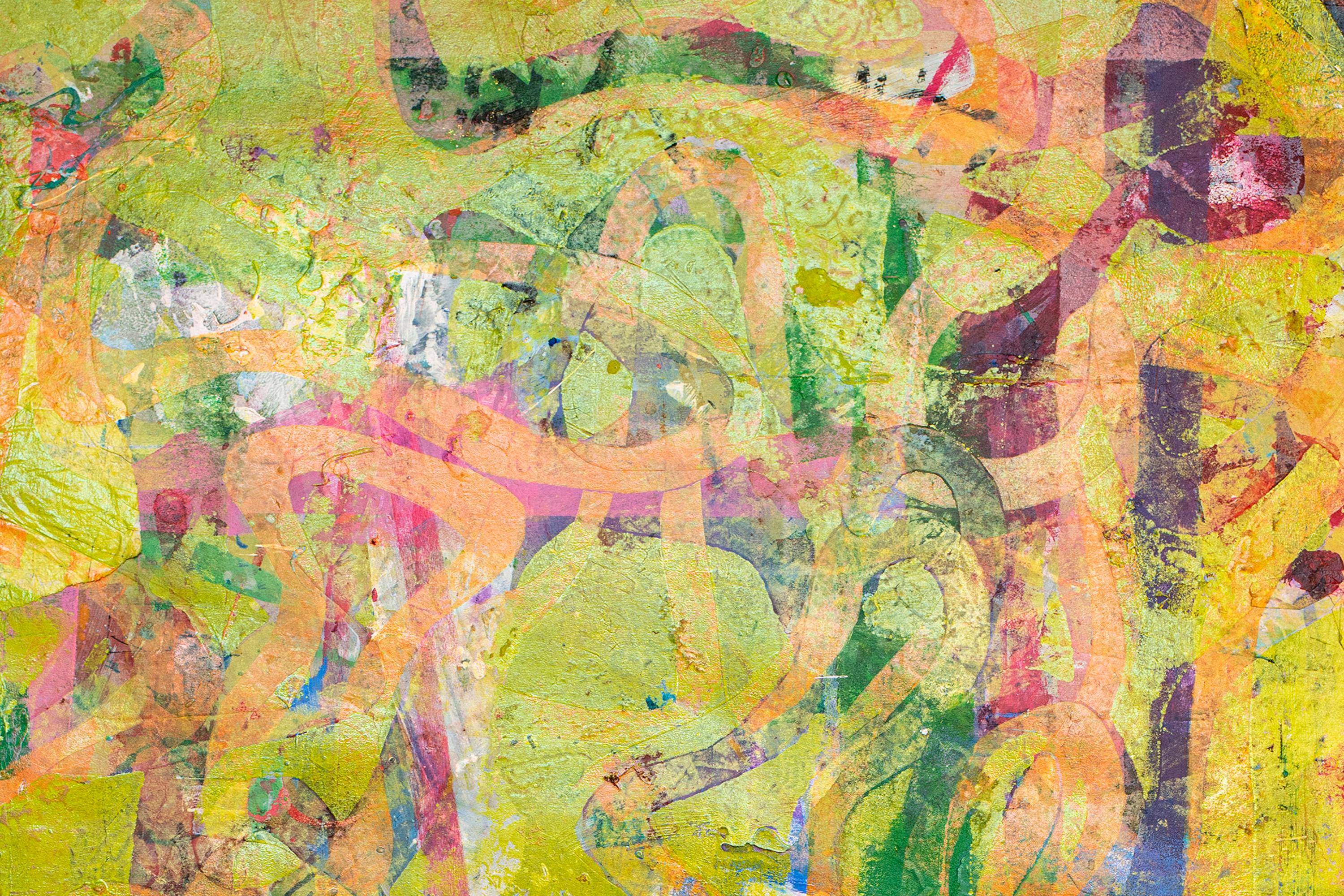 Abstract Green Sea, Abstract Expressionist Painting, Fish Shapes in Pink, Paper 4
