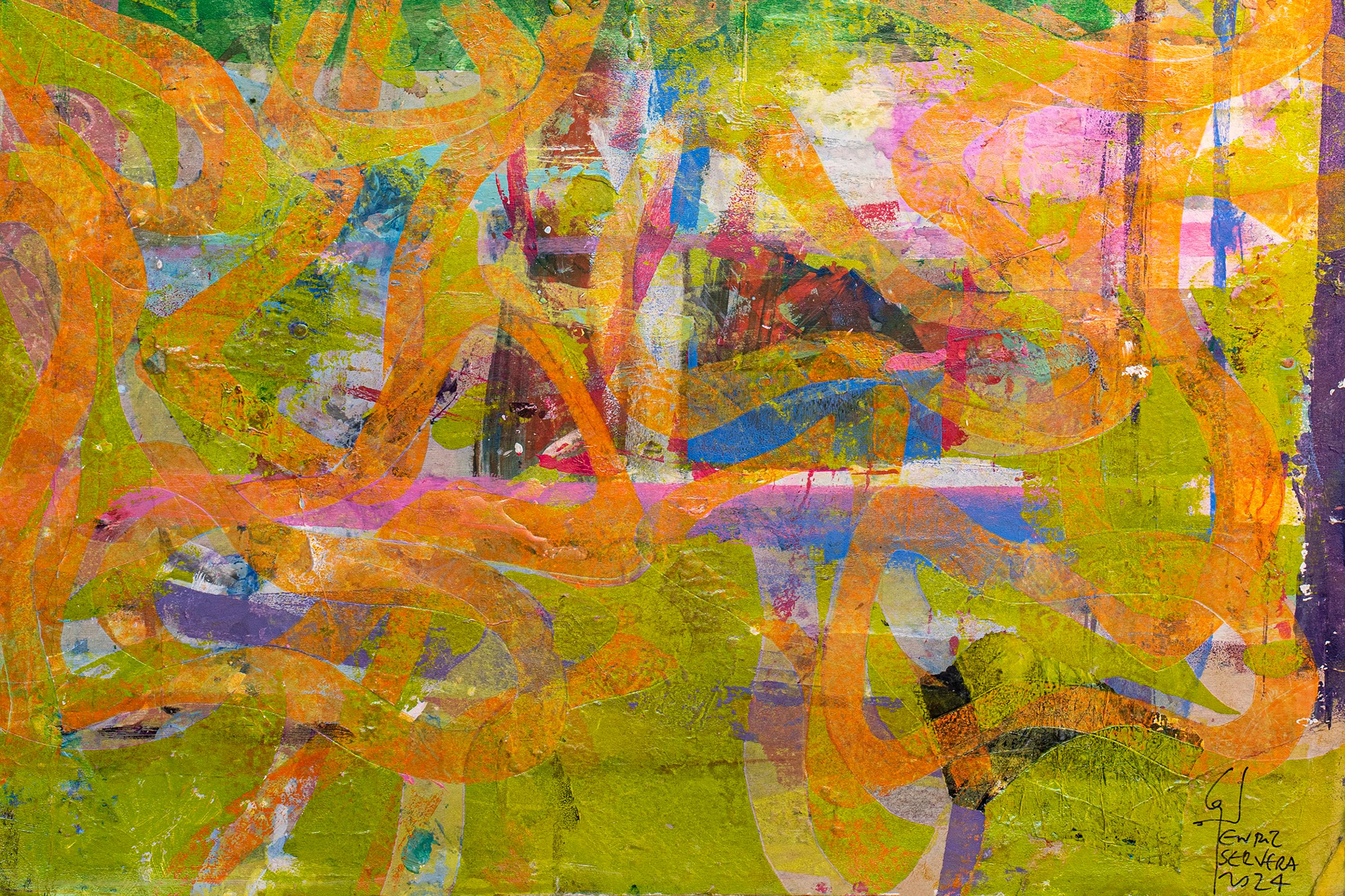 Abstract Green Sea, Abstract Expressionist Painting, Fish Shapes in Pink, Paper 5