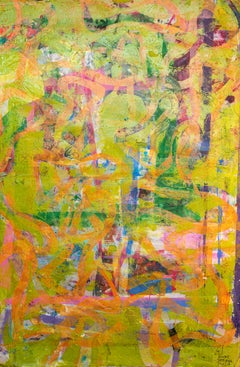 Peinture expressionniste abstraite de la mer verte, formes de poissons en rose, papier