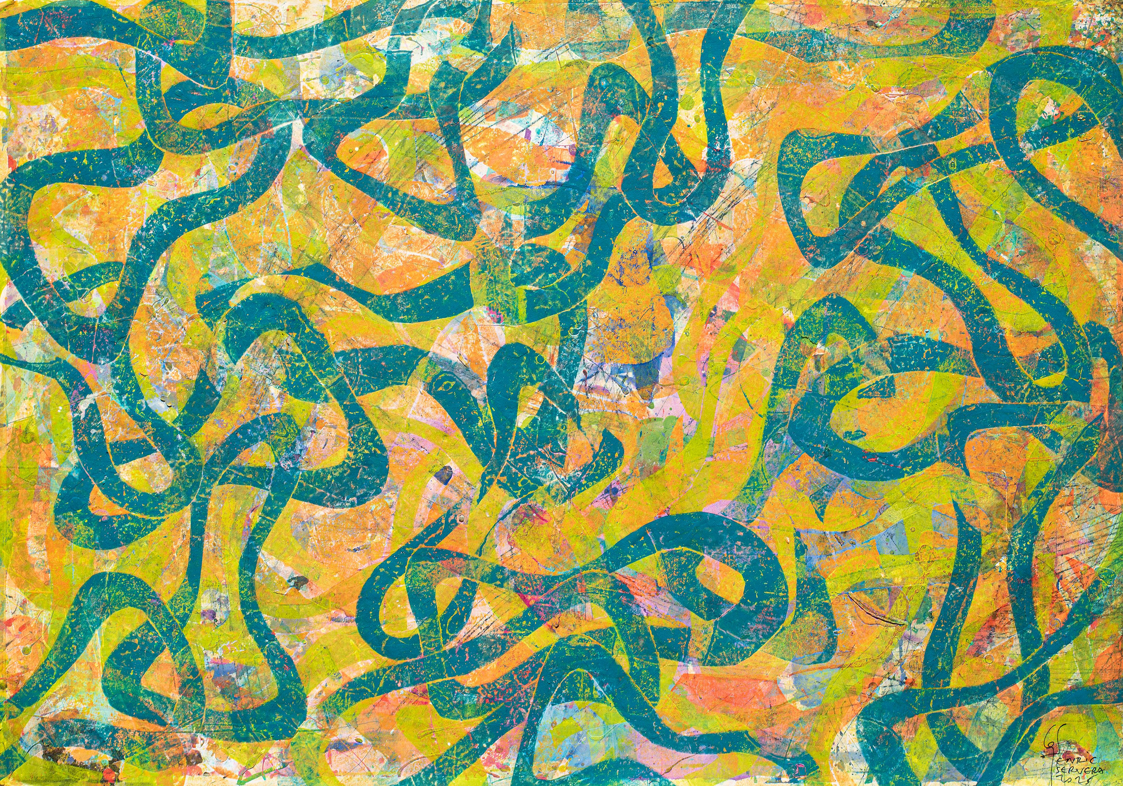 Enric Servera Abstract Painting - Abstract Ocean Painting, Textured Contemporary Seascape, in Yellow Tones, Paper