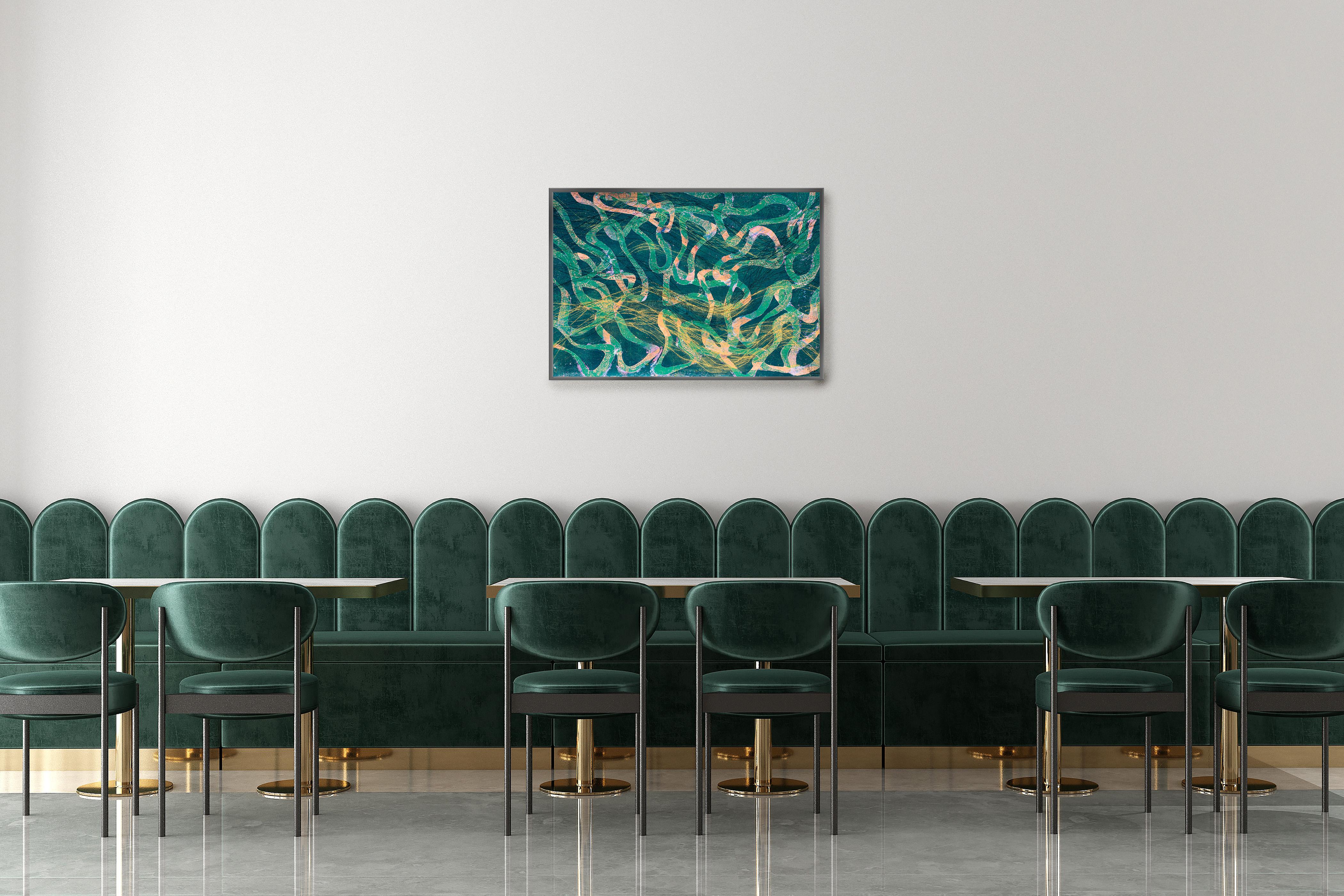 Pittura astratta sull'oceano, paesaggio marino contemporaneo strutturato, tecnica mista su carta - Animal Painting Blu di Enric Servera
