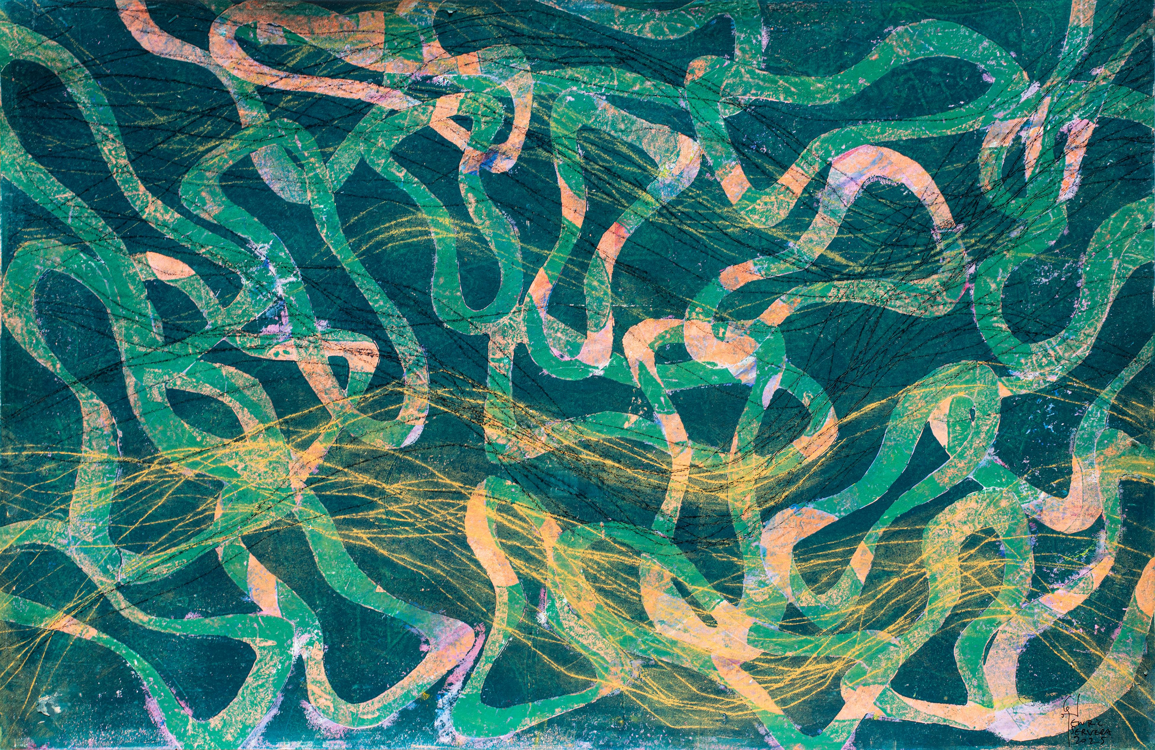 Animal Painting di Enric Servera - Pittura astratta sull'oceano, paesaggio marino contemporaneo strutturato, tecnica mista su carta