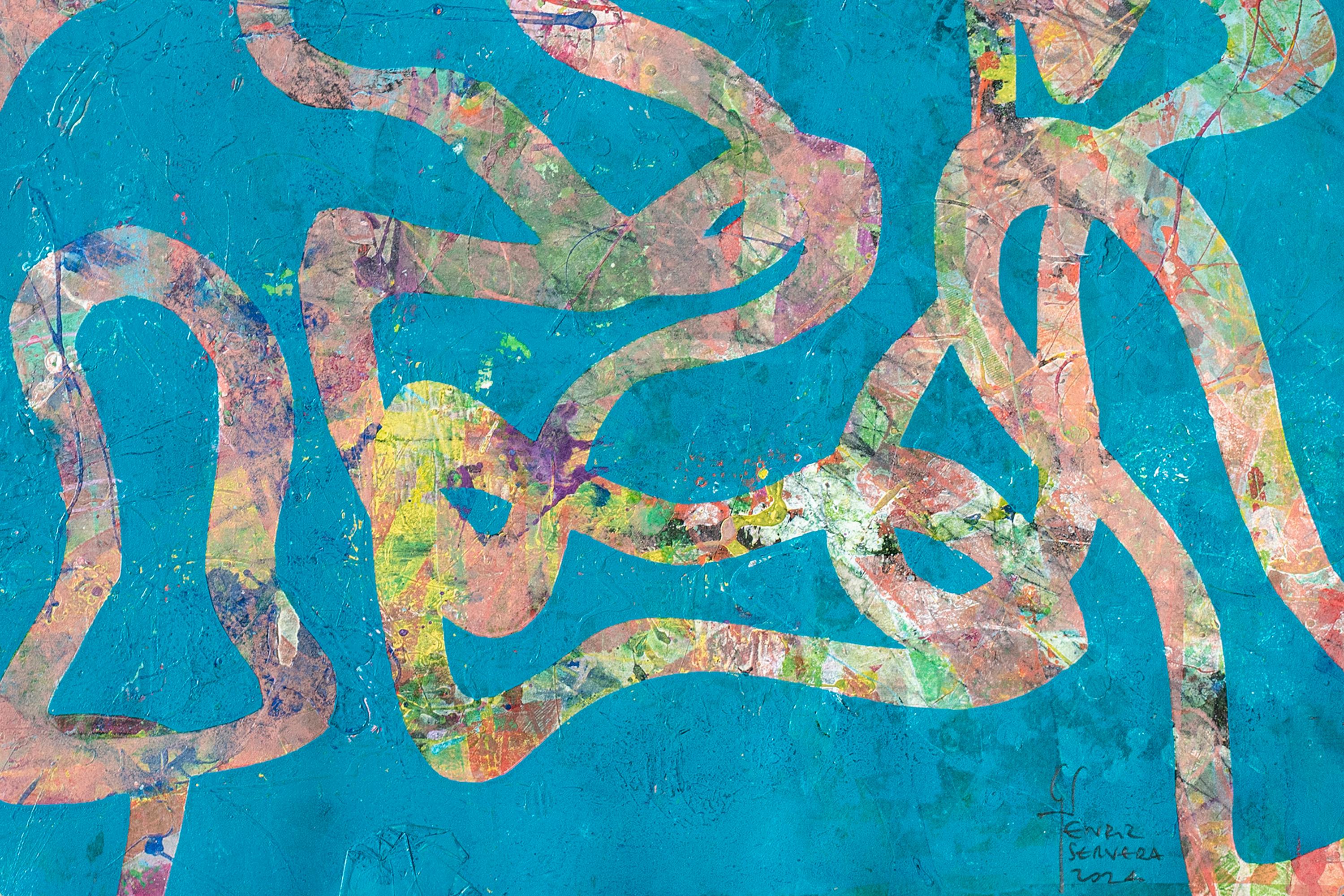 Abstract Patterns of Fish, Blue Tones Seascape Painting on Watercolor Paper 2024 3