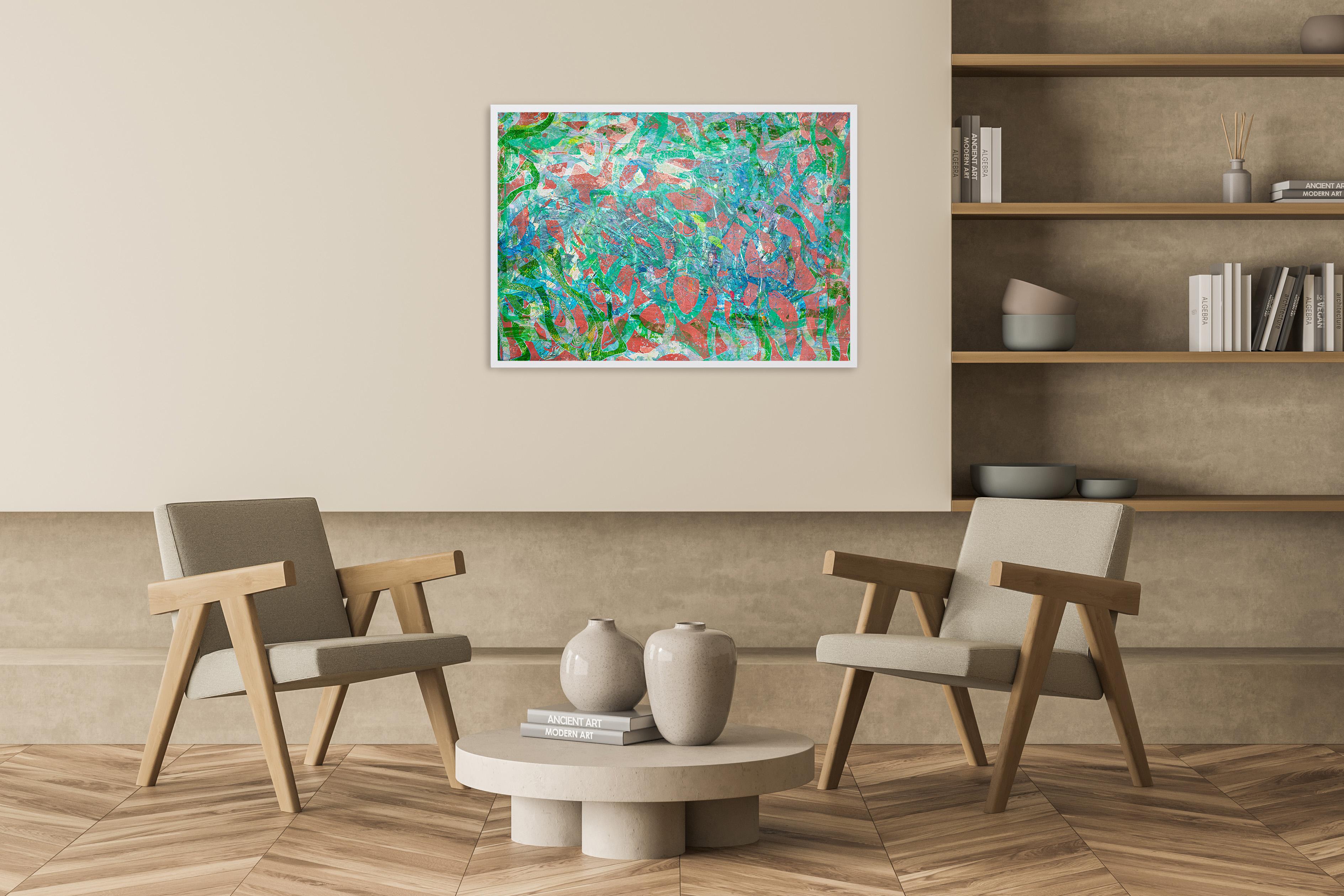 Abstract Patterns of Fish in Pink and Green, Painting on Watercolor Paper 2024 - Blue Abstract Painting by Enric Servera