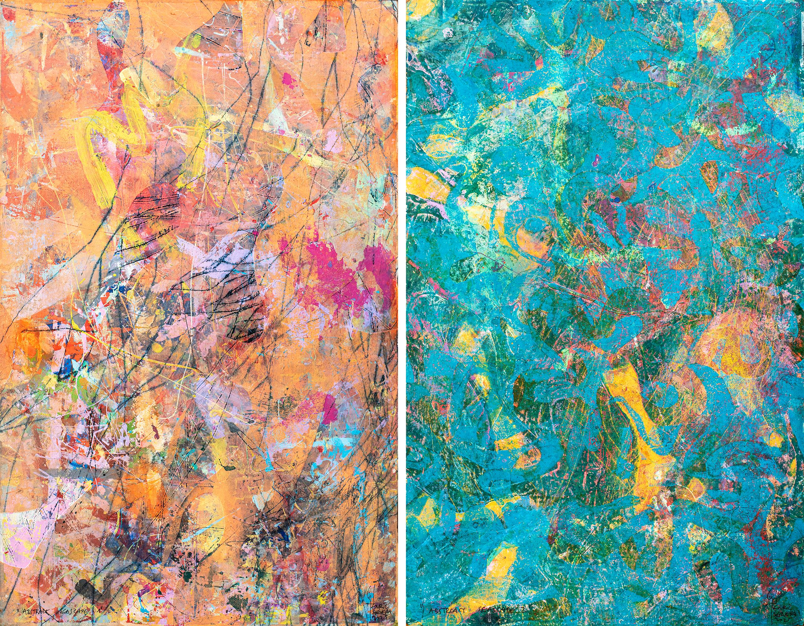 Abstract Seascape Diptych, Orange and Yellow Gestures, Textured Painting, Paper