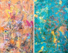 Abstract Seascape Diptych, Orange and Yellow Gestures, Textured Painting, Paper