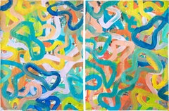 Abstract Shapes of School of Fish, Seascape Diptych in Vivid Tones, Organic 2026