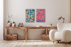 Abstract vs Figurative Patterns, Monotype Diptych of Pink and Blue Fish Pattern