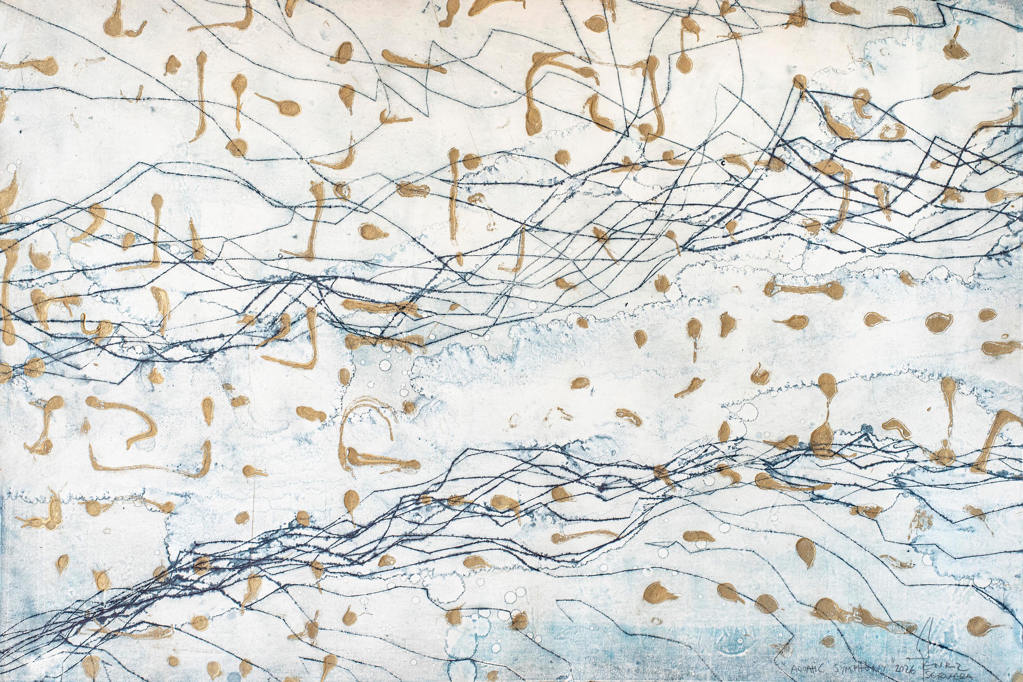 Aquatic Symphony, Abstract Dripping Seascape in White and Gray, Dots and Lines