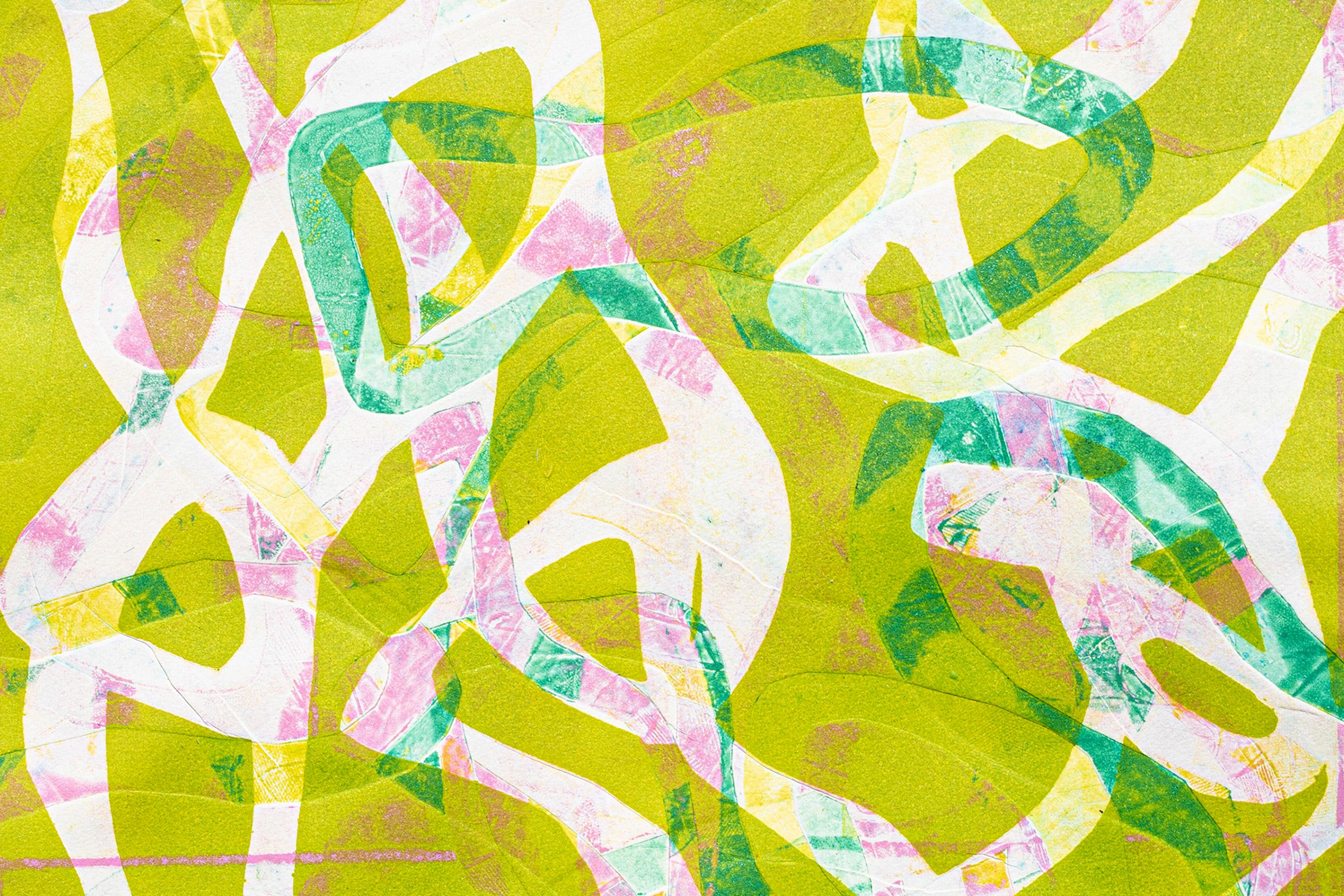 Art Brut Trittico di paesaggi marini, motivo di pesci verdi e rosa, monotipo a olio e inchiostro in vendita 5
