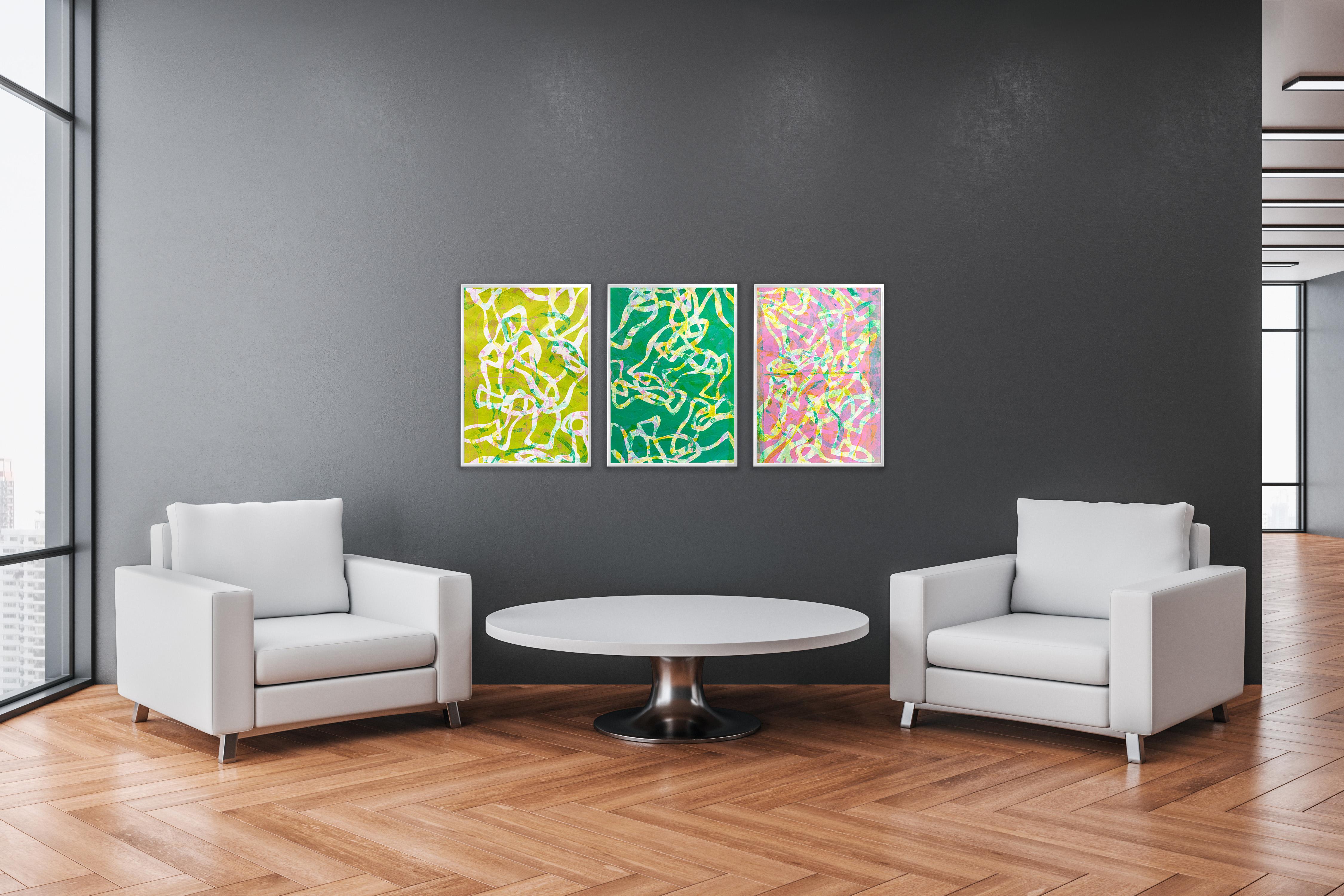 Art Brut Trittico di paesaggi marini, motivo di pesci verdi e rosa, monotipo a olio e inchiostro - Painting di Enric Servera