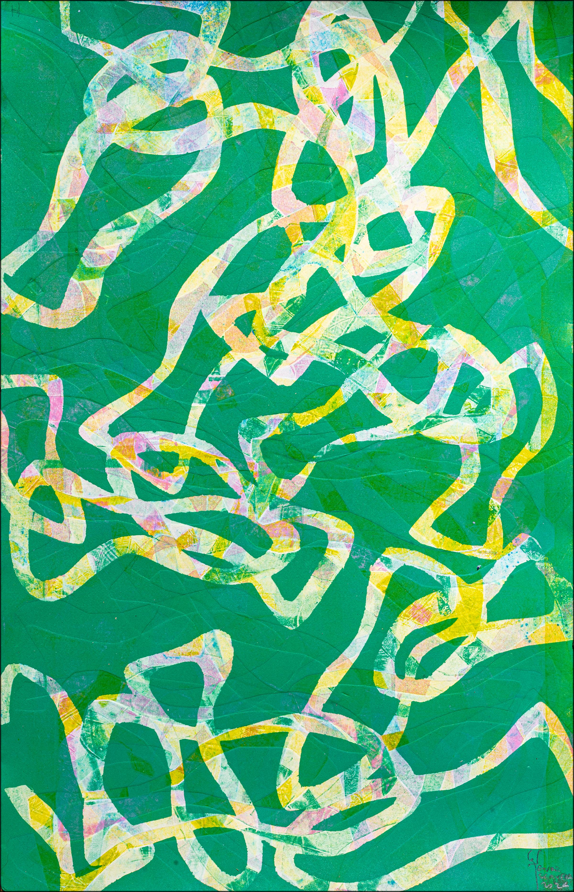 Art Brut Trittico di paesaggi marini, motivo di pesci verdi e rosa, monotipo a olio e inchiostro - Animal Painting Beige di Enric Servera