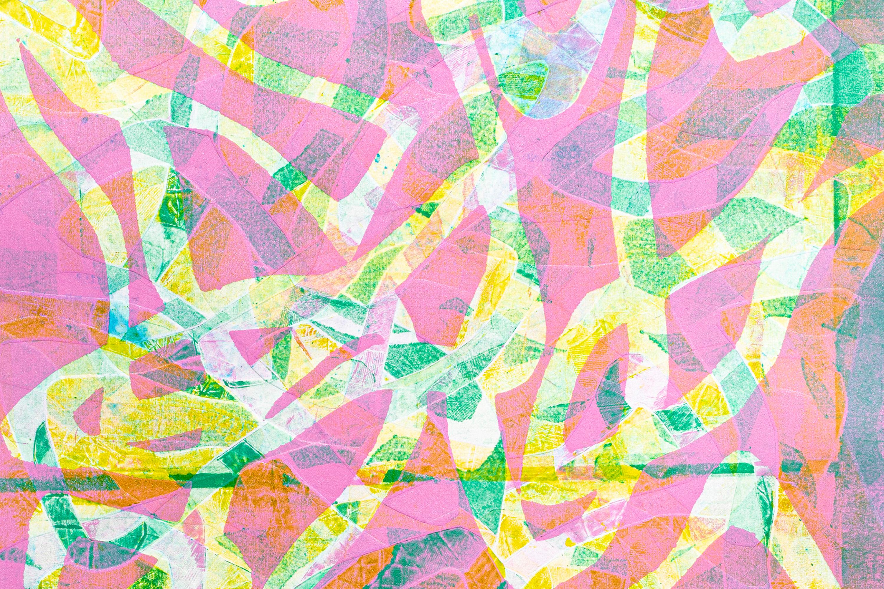 Art Brut Trittico di paesaggi marini, motivo di pesci verdi e rosa, monotipo a olio e inchiostro in vendita 2