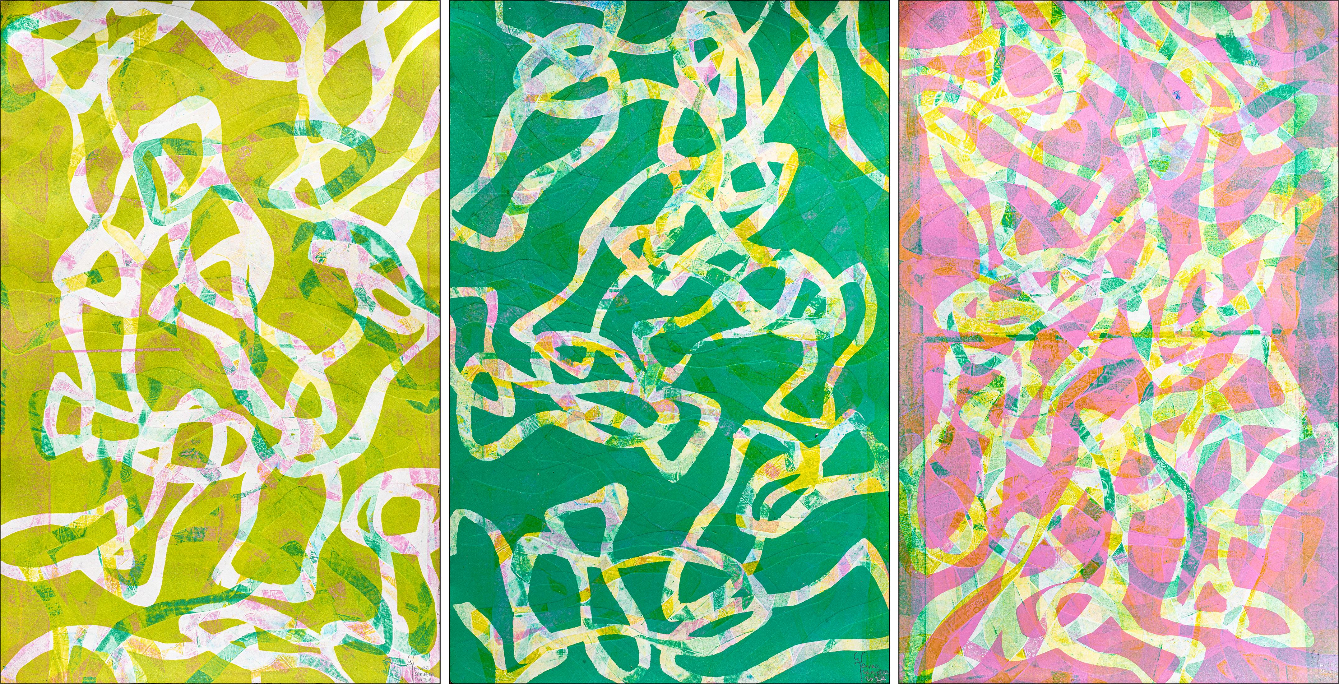 Art Brut Trittico di paesaggi marini, motivo di pesci verdi e rosa, monotipo a olio e inchiostro