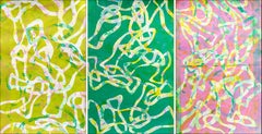 Art Brut Seascape Triptych Painting, Green & Pink Fish Pattern, Oil Ink Monotype