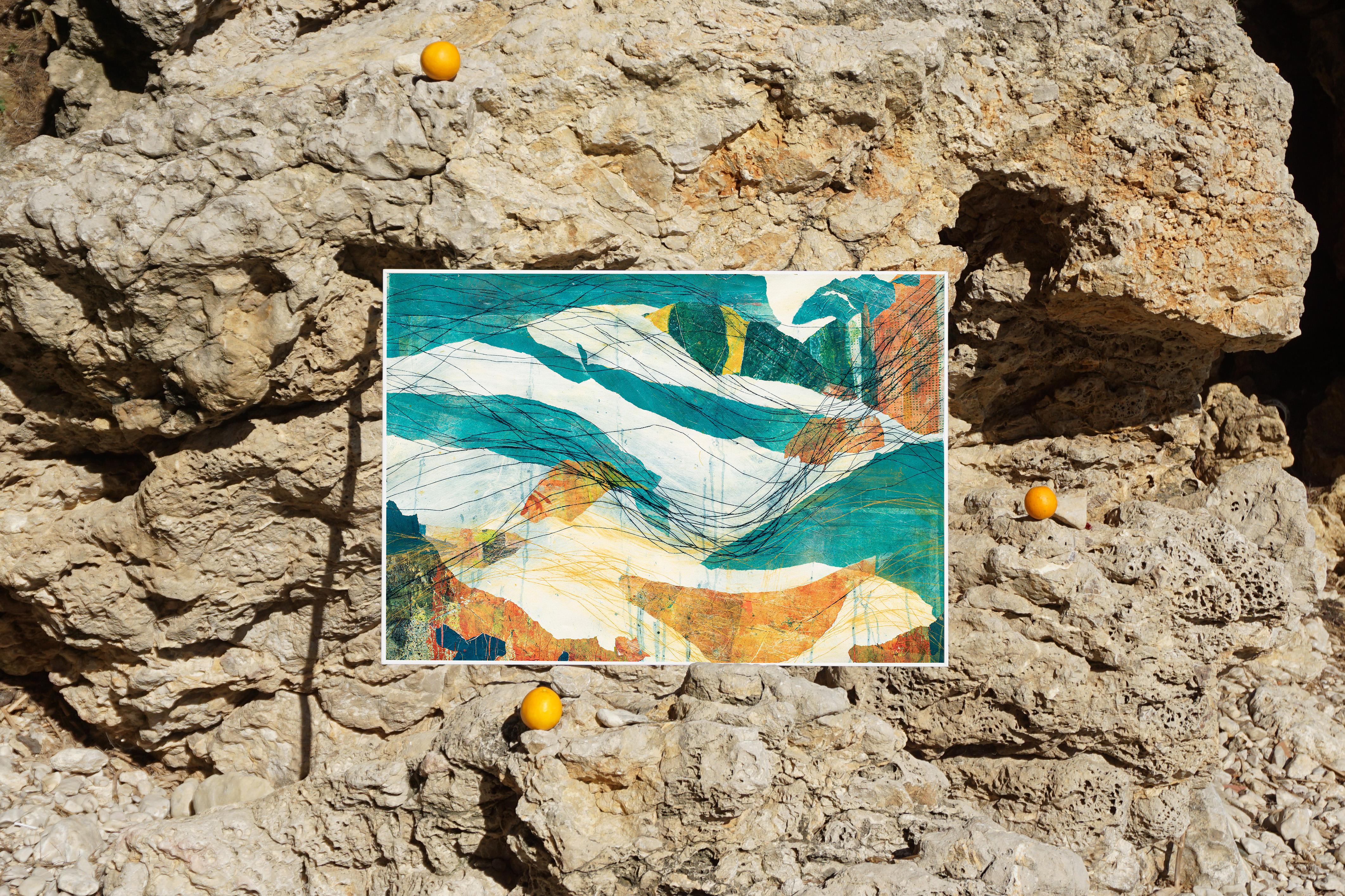 Bajo el nivel del mar, Art Brut, Paisaje marino en técnica mixta sobre papel, Tonos tierra, Turquesa - Painting Posimpresionista de Enric Servera