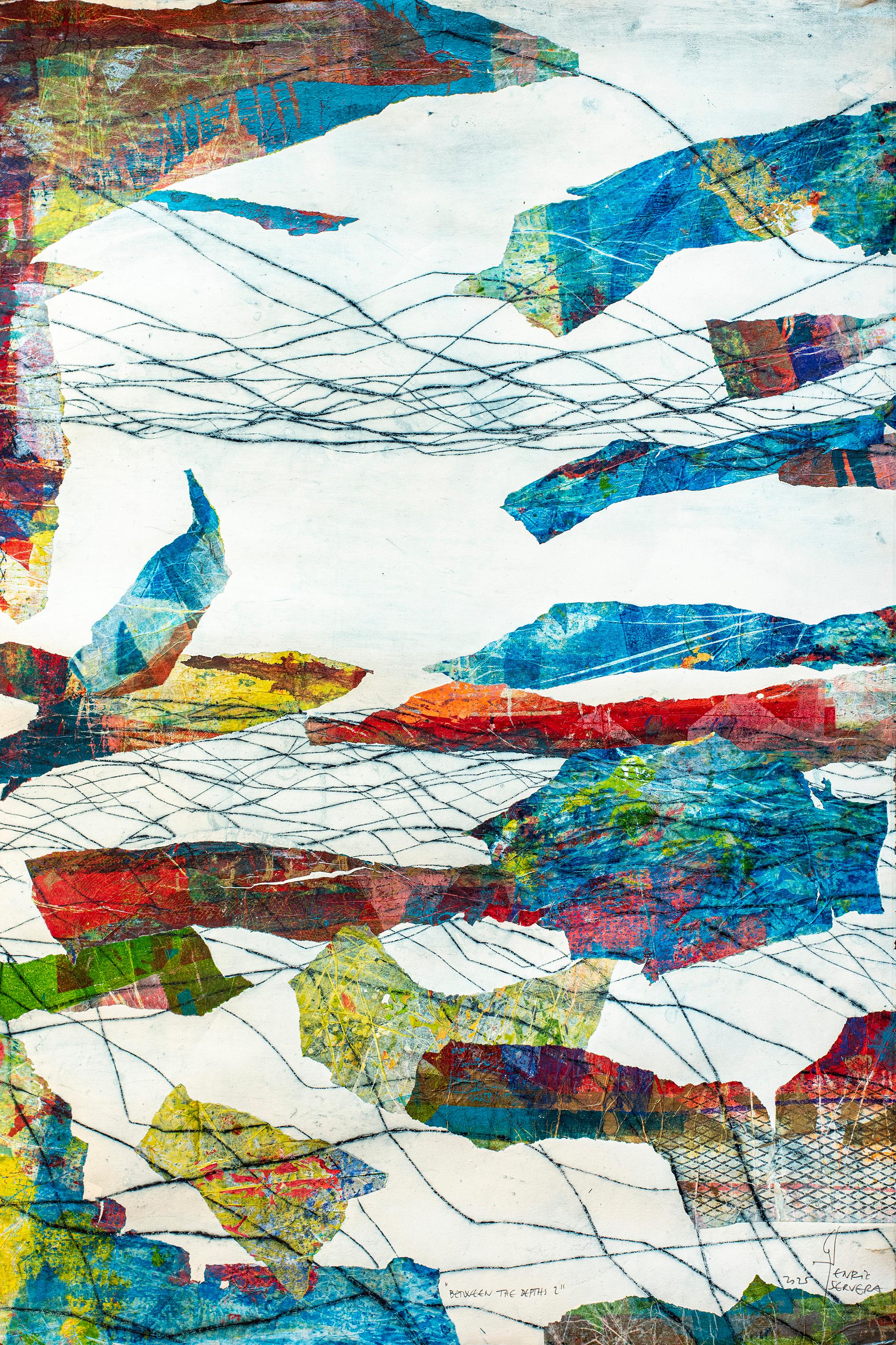 Between the Depths, Textured Abstract Marine, Coastal Layered Mixed Media, Paper