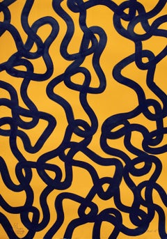 Schwarz und Gelb, Abstrakte Fischmuster, Moderne Seelandschaft auf Papier, Gestual
